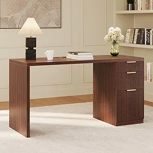 FURSUN 58" Modern Executive Desk with Storage, Home Office Desk with Drawer & Cabinet, Wooden Fluted Desk for Study, Living Room, Bedroom (Dark Walnut)