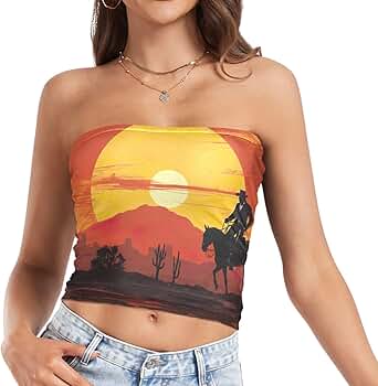 Womens Tube Tops Western Cowboy Sunset Mesh Crop Top