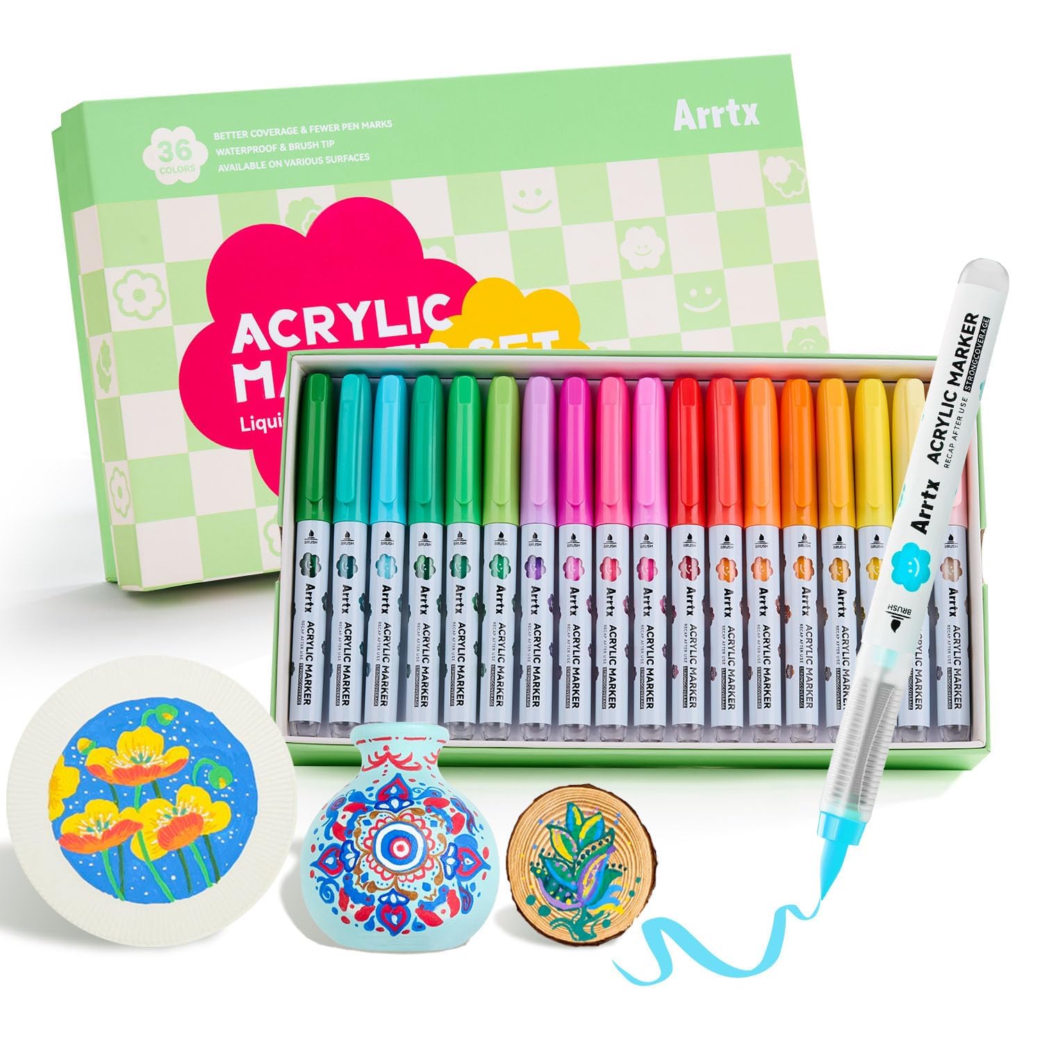 Arrtx 36 Colors Acrylic Paint Pens for Rock Painting, Brush Tip Acrylic Pen, Acrylic Markers, Waterproof Paint Marker, Art Supplies for Stone, Glass, Egg, Wood, DIY Crafts Blue, Red, Green, Yellow, Pink