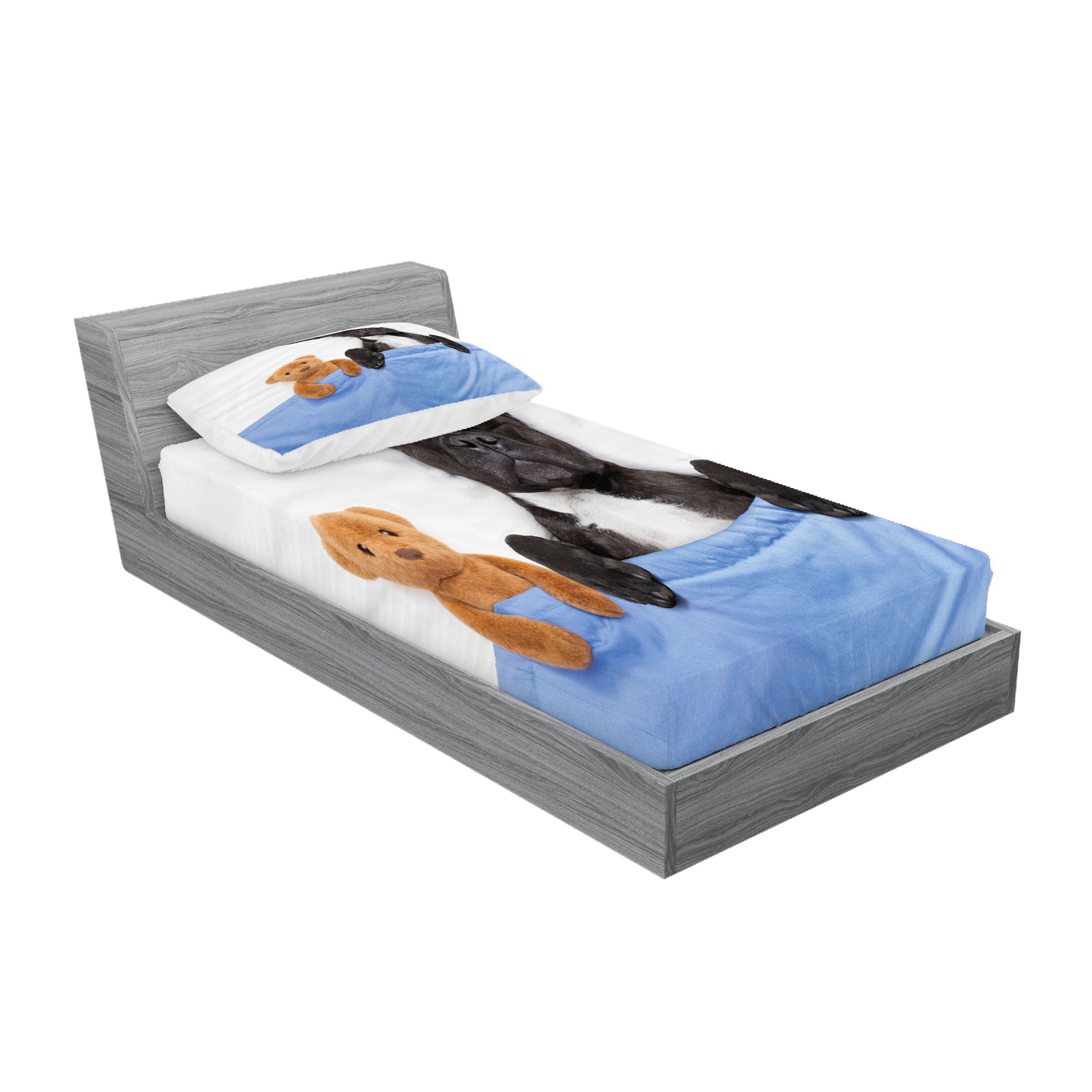 Ambesonne Animal Fitted Sheet & Pillow Sham Set, French Bulldog Sleeping Teddy Bear in Cozy Bed Best Friends Fun Dreams Image, Decorative Printed 2 Piece Bedding Decor Set, Twin, Grey Brown Blue