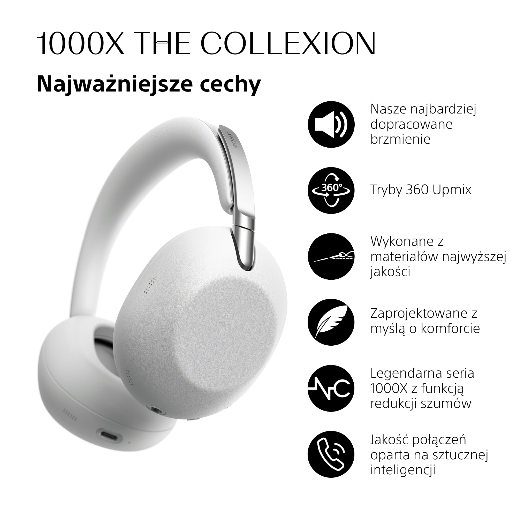 SONY 1000X THE COLLEXION Luksusowe bezprzewodowe słuchawki nauszne Bluetooth, dźwięk Hi-Res, aktywna redukcja hałasu Premium NC, 360 Spatial Audio, etui, iOS & Android, platynowo-białe, nowy model