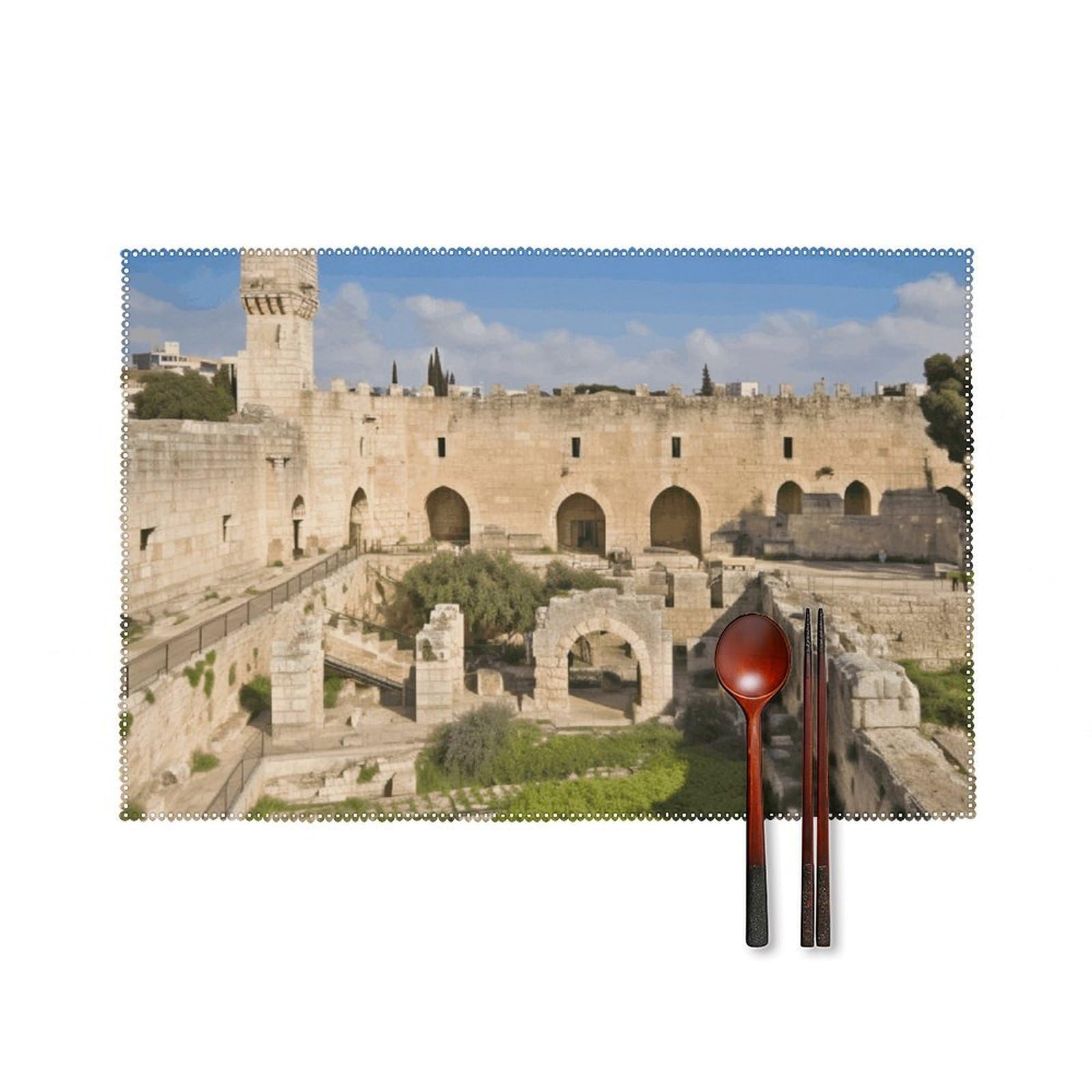 Israel at The Tower of David Placemats Set of 6, 12x18 Inch Heat Resistant Washable Canvas Table Mats, Stain Resistant Decorative Dining Placemats for Kitchen, Restaurant, Outdoor Party