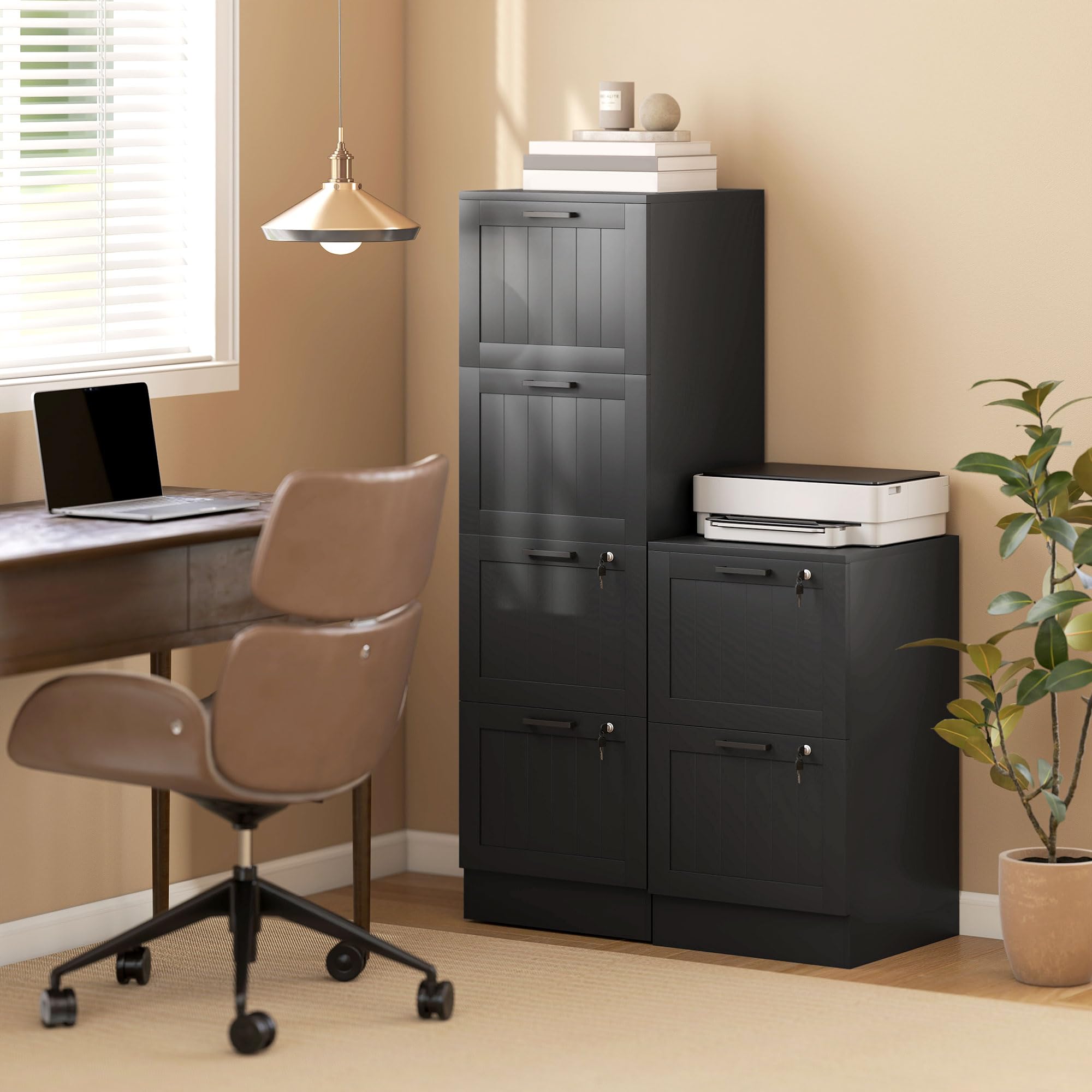 HOMCOM Caisson bureau avec 4 tiroirs et serrures, meuble rangement bureau avec barres de suspension réglables pour documents, caisson de rangement compact pour travail ou chambre, 40x40x131cm, noir