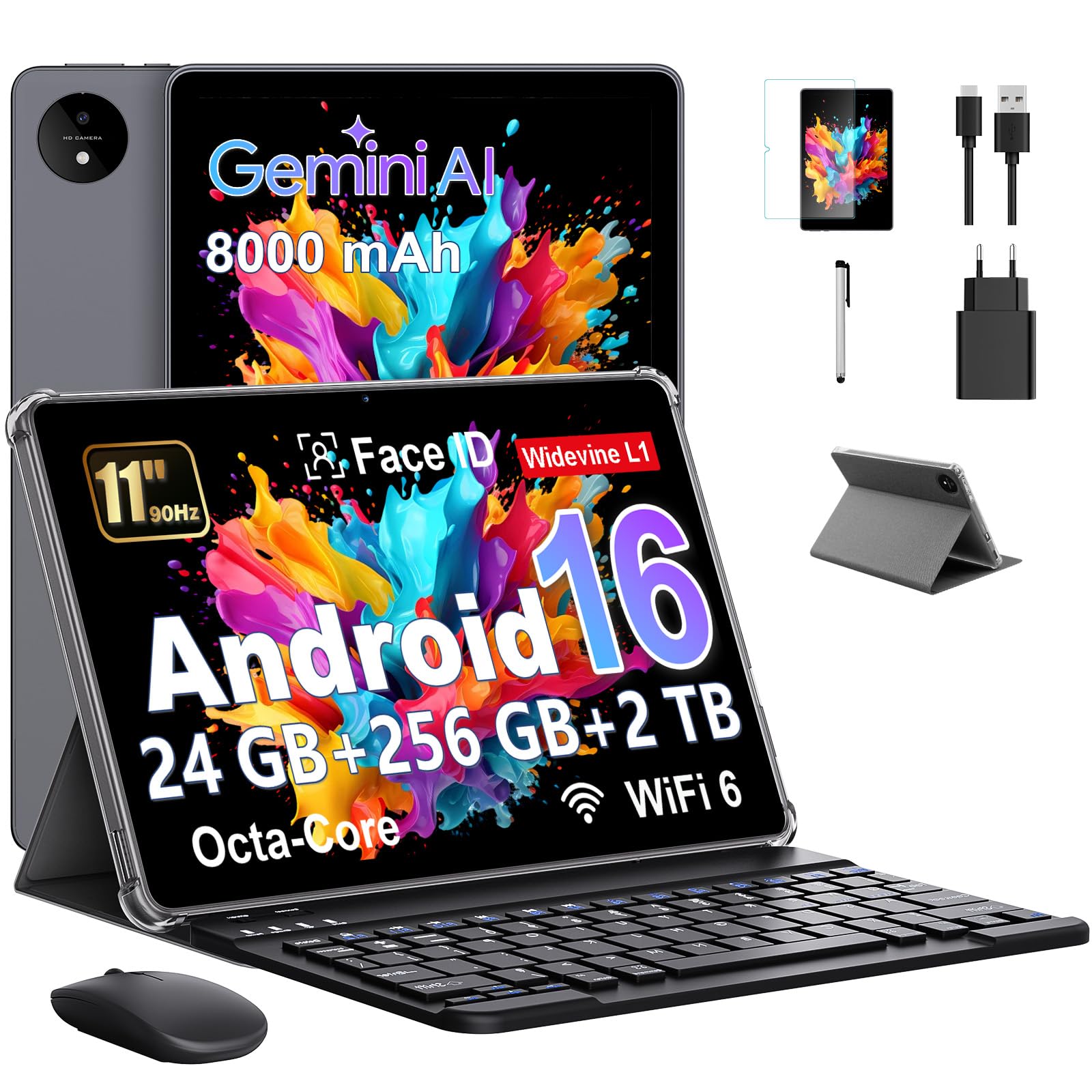 MENTUME Tablet 11 Inch mit Gemini AI, Android 16 Tablet mit Hülle, Maus & Tastatur, Octa-Core, 24 GB RAM + 256 GB ROM + 2 TB TF, 1920x1200 HD Display, 90 Hz, 8MP + 13MP Duale Kamera, 8000 mAh, Grau