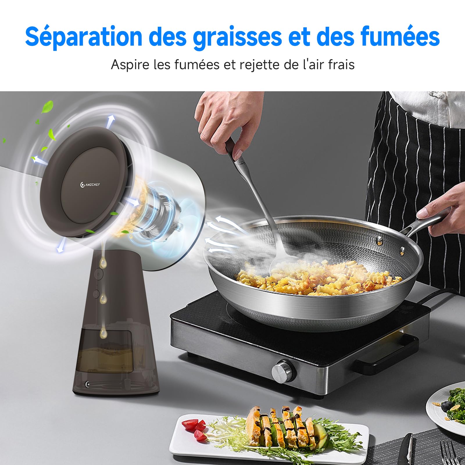 AMZCHEF Hotte Aspirante Portable, Sans installation Hotte Portable avec Ventilateur à 3 Vitesses, Faible Bruit, Aspiration de 120m³/h, Ventilateur de Cuisine Pour Barbecue Intérieur, Hot Pot, Marron