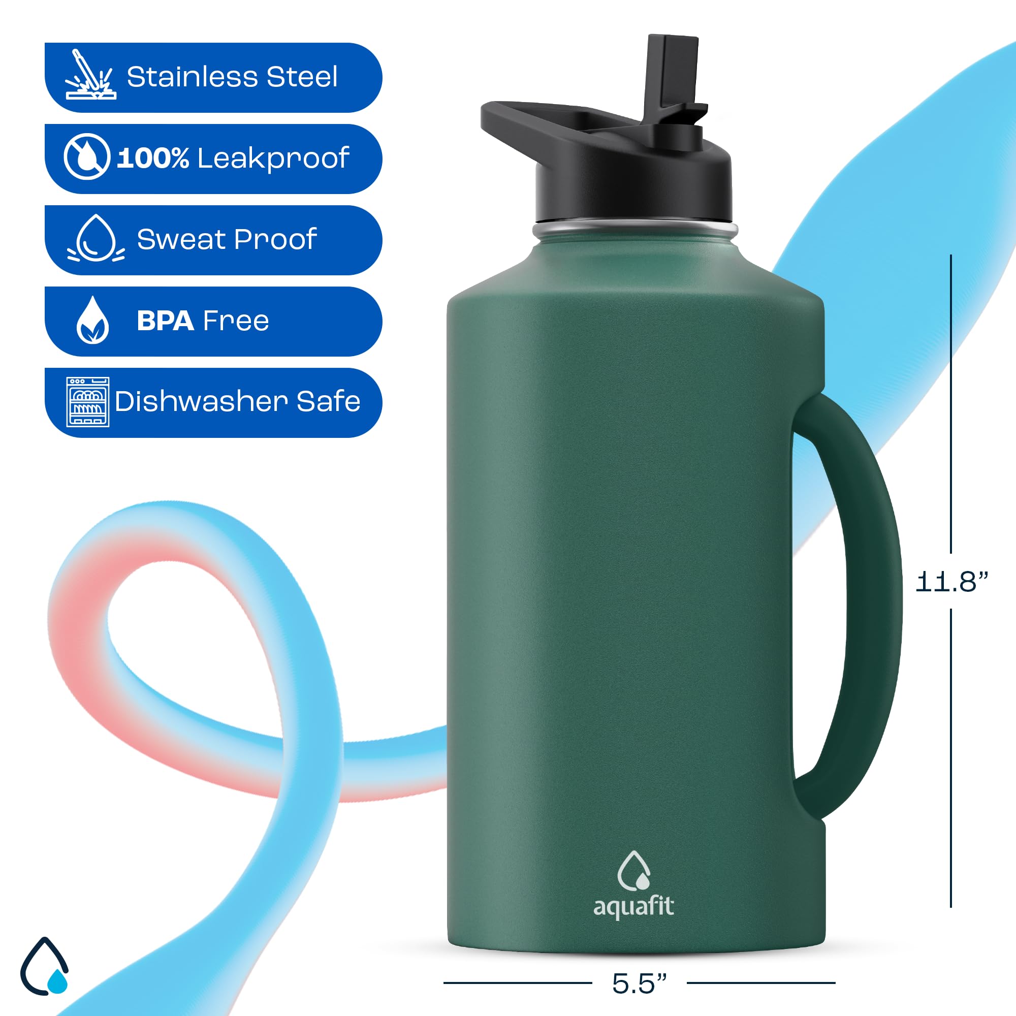 AQUAFIT Insulated Water Bottle 64 oz - Water Bottle Stainless Steel - 64 oz Water Bottle - 64 oz Insulated Water Bottle with Straw - Half Gallon Water Bottle Insulated Growler (74oz, Treetop Green)