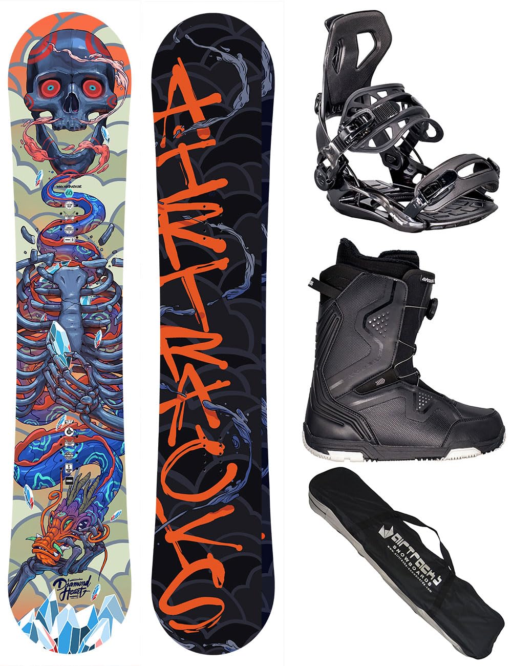 Airtracks Snowboard Set Tavola Diamond Heart Carbon Wide Hybrid Rocker Uomo + Attacchi Master + Scarponi + Sacca Nuovi 150 155 160 cm