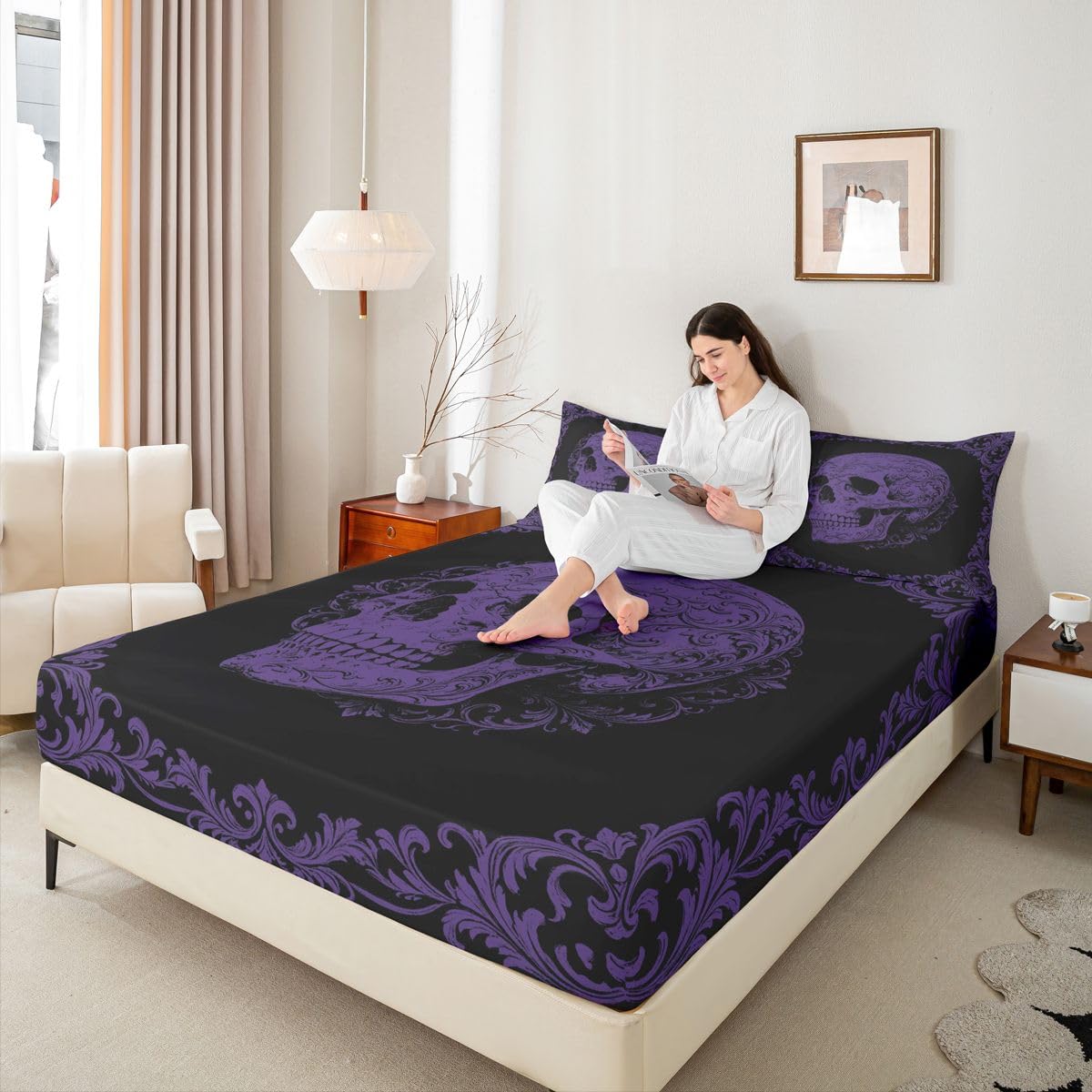 Homemissing Sábana bajera ajustable de Halloween con 2 fundas de almohada, tamaño King, diseño de calavera, sábana bajera ajustable de 16 pulgadas de profundidad, ropa de cama gótica para niños y