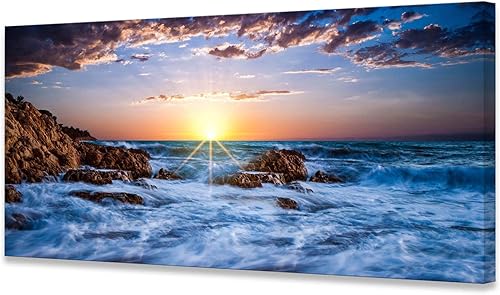Muolunna BK05850 - Cuadro en lienzo para decoración de pared, atardecer azul océano, 1 panel, olas de mar, paisaje, obra de arte para decoración de