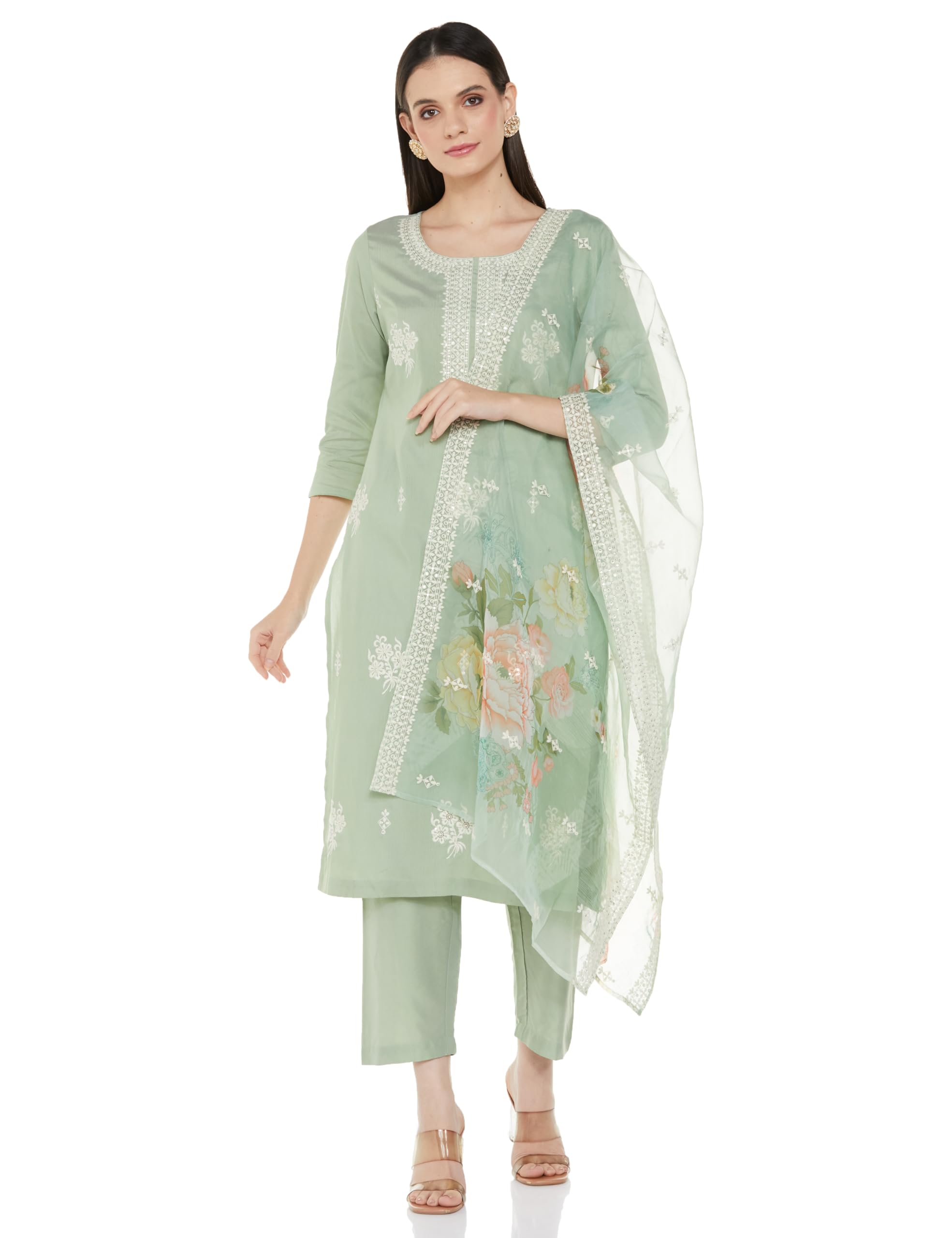 amazon brand - myx Women's Embroidered Kurta Pant Set with Organza Dupatta | Viscose,Rayon-picture-36