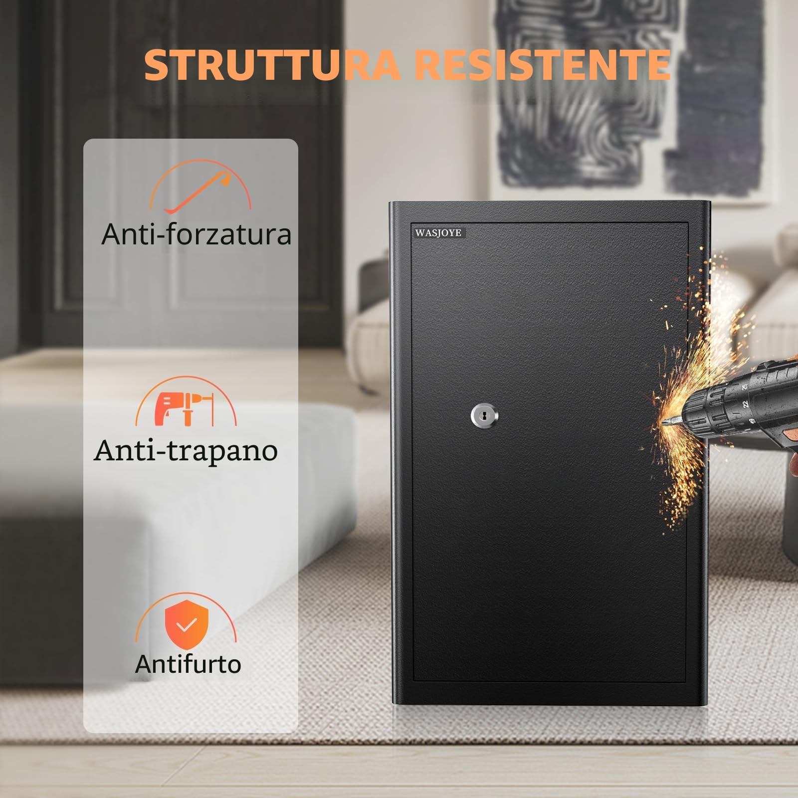 WASJOYE Cassaforte con Chiave, Cassaforte a Muro con Serratura 2 Chiaves (63×37×31cm), Cassetta di Sicurezza da Pavimento, Casa/Ufficio Casseforti da Armadio per Soldi Telefono Medicina Passaporto