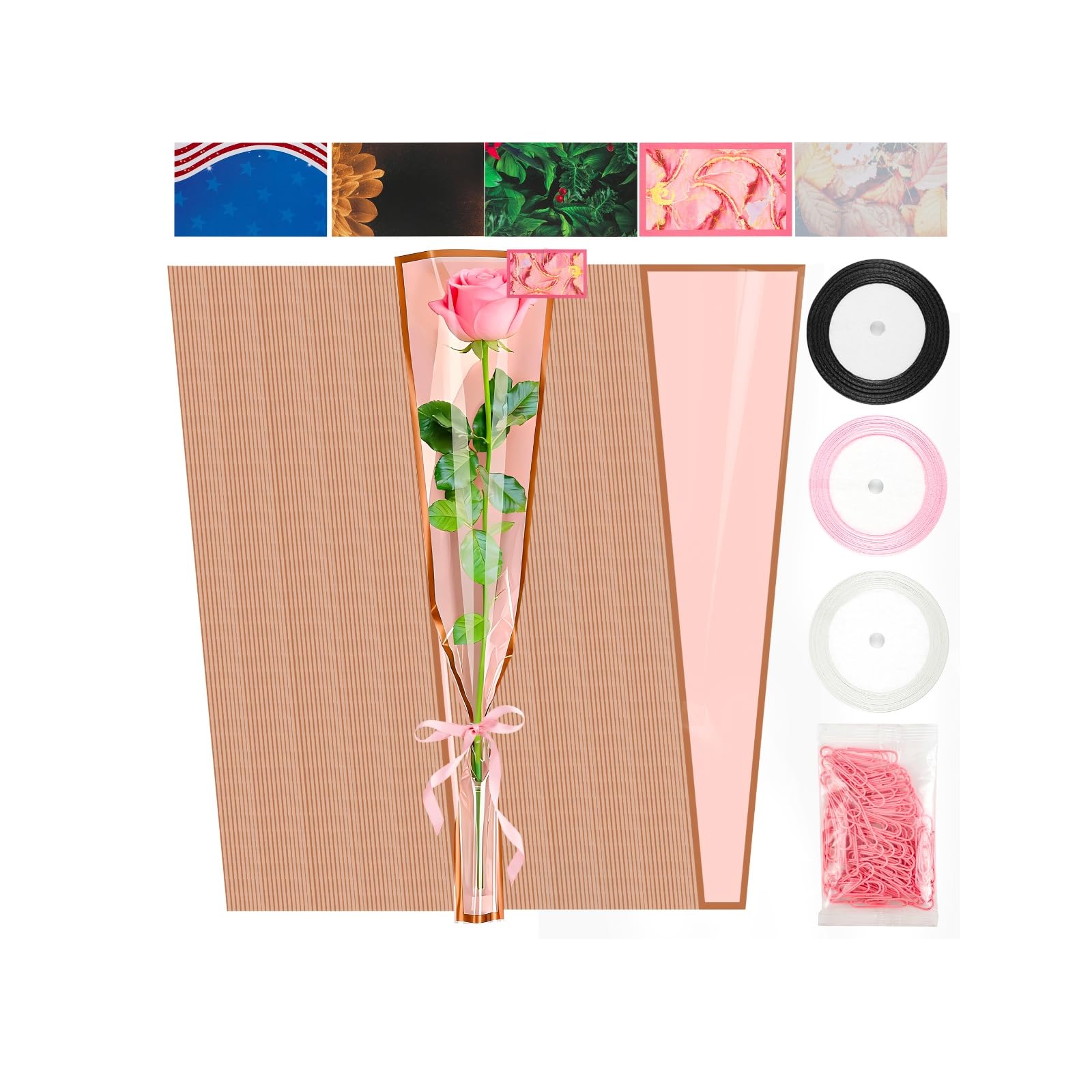 View 1 of 100 Sheets 15.7" x 4.7" Pink Flower Bouquet Wrapping Bags Plastic Paper Sleeves, Total 208Pcs RibbonsX3 Greeting CardsX25 Paper ClipsX80 Floral Bouquets Bag Ideal for Flowers Bar Graduation Wedding