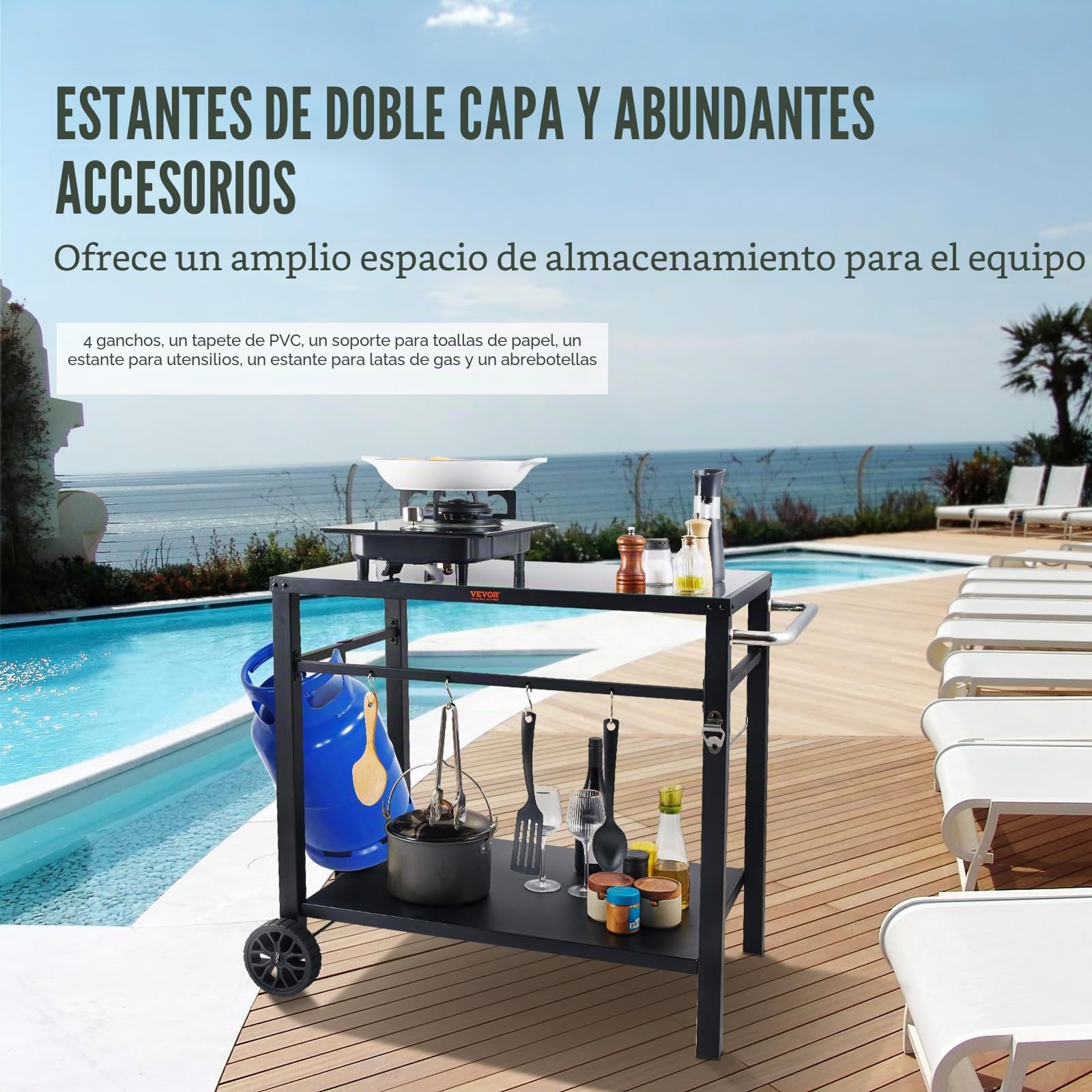 VEVOR Carrito de Comedor para Barbacoa al Aire Libre con Estante Doble, Mesa Móvil de Preparación de Alimentos para Barbacoa, Mesa de Hierro Plegable Multifuncional Carro para Exterior 1000x640x835 mm