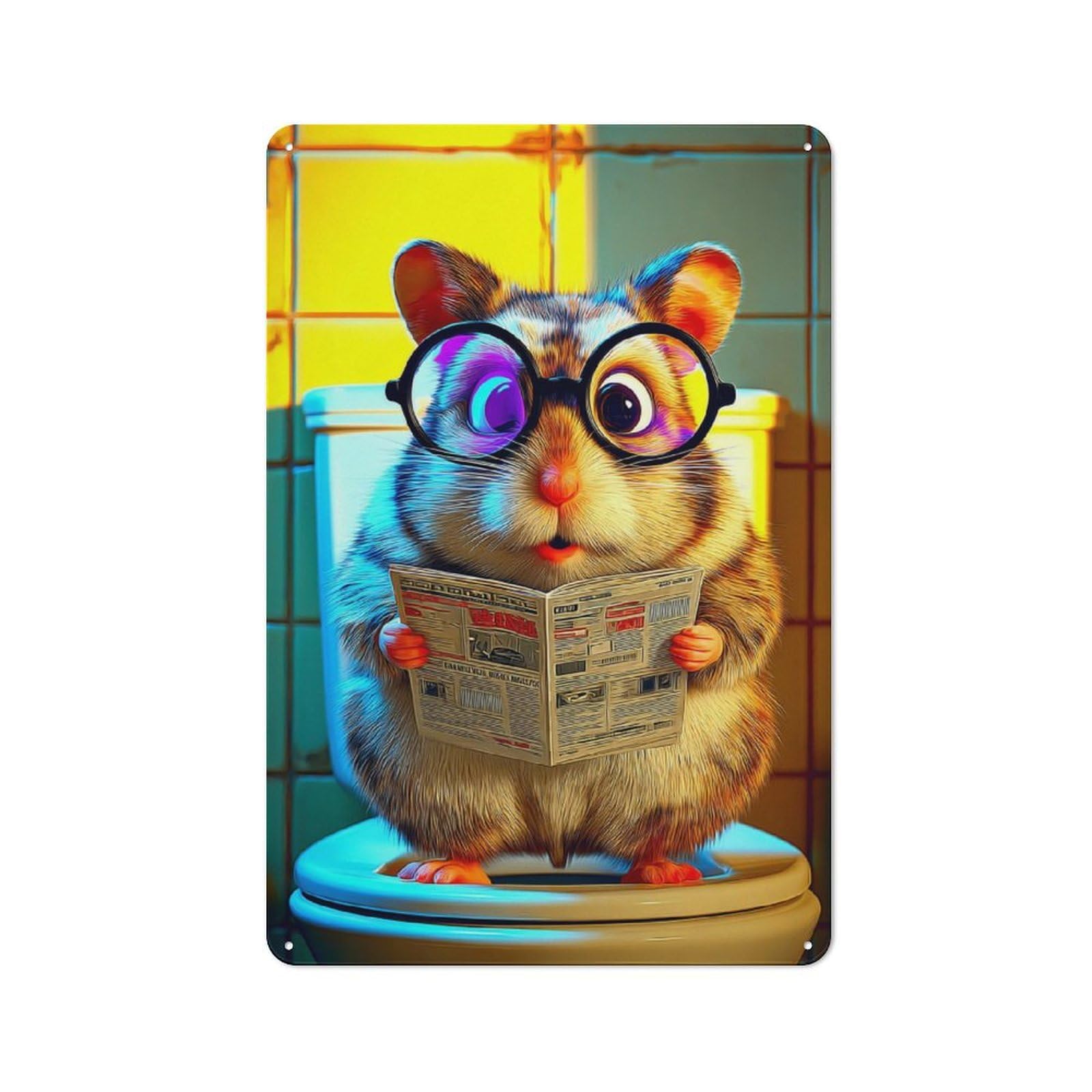 Junmoney Hamster Reading Newspaper On Toilet Tin Wall Plaque 30X20cm With For Hallway Wall, With Clear Retro Wall Decor Character