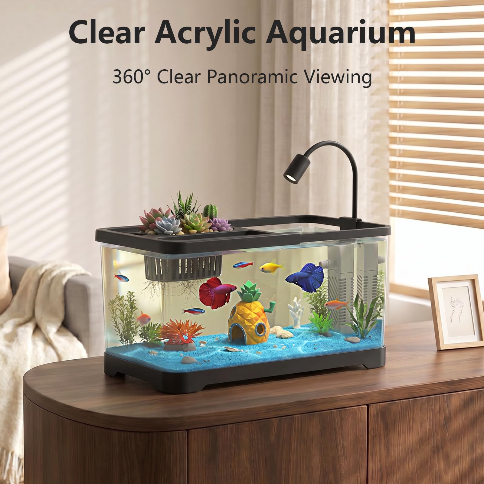 Kit de iniciación de acuario de pecera de 4 galones con filtro y luz, todo en uno, pequeño tanque de peces para Betta, niños y escritorio, nano acuario autolimpiante con tapa (negro mediano