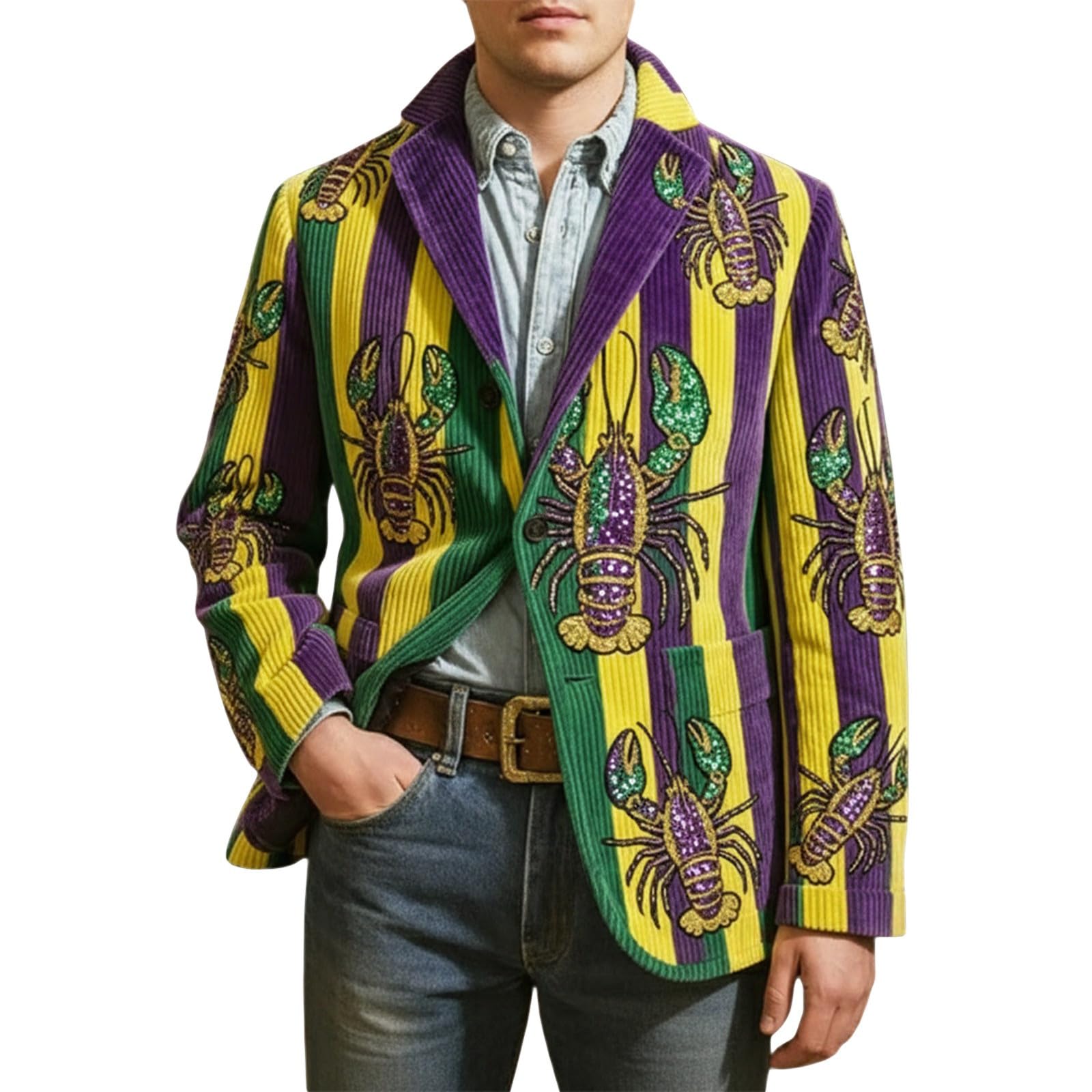 Mardi Gras Jacket Mens Holiday Blazer Outfits Plus Size Suit Sequin Top Accessories Costume Corduroy Cardigan Apparel, Z-09-Purple, XXL — image 1