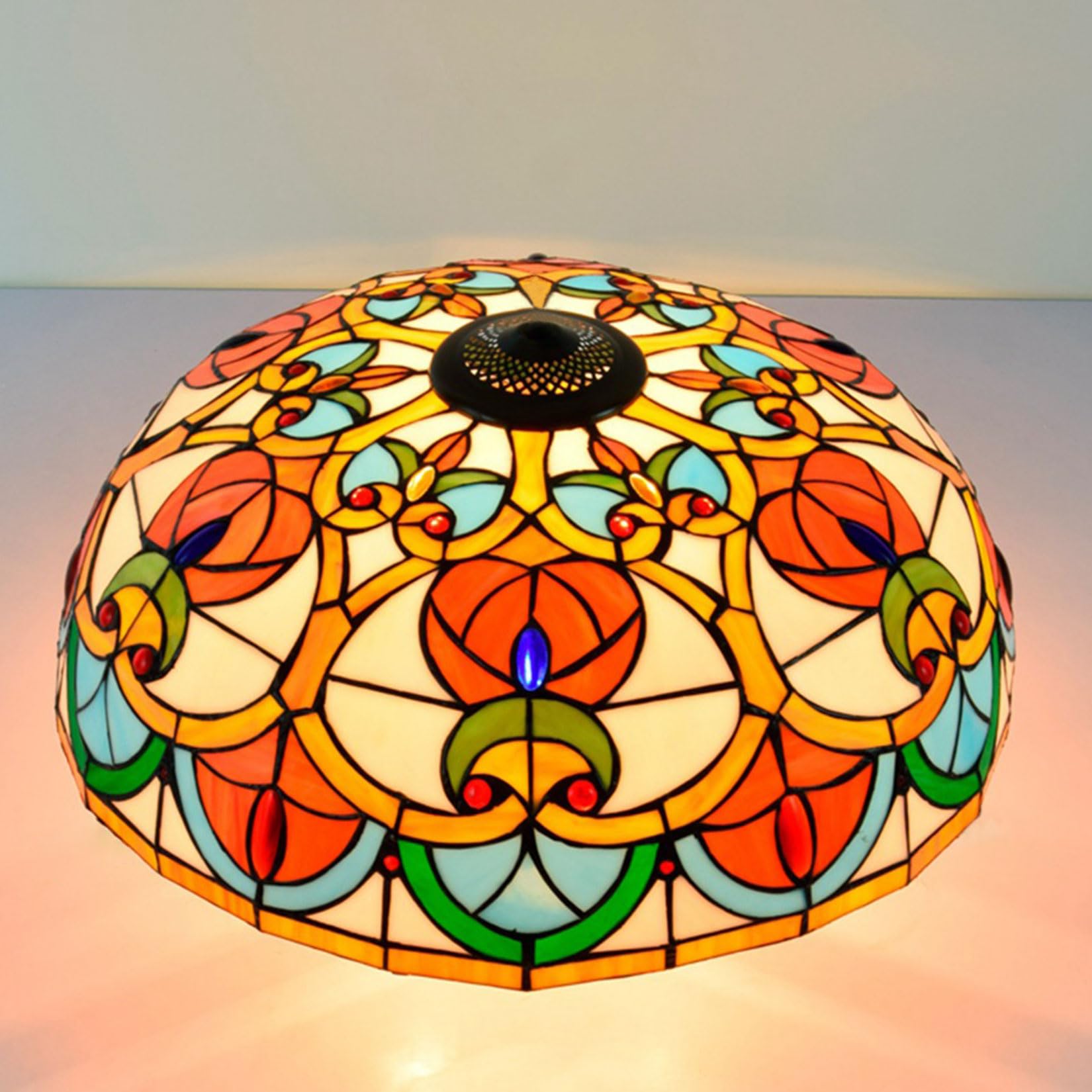 SaryEdge Tiffany Lamp Shade Replacement Only 20" Stained Glass Baroque Rose Dragonfly Grape Lily Peach Lampshades, Vintage Red Orange Colorful Light Cover for Table Lamp Pendant Light ，Orange