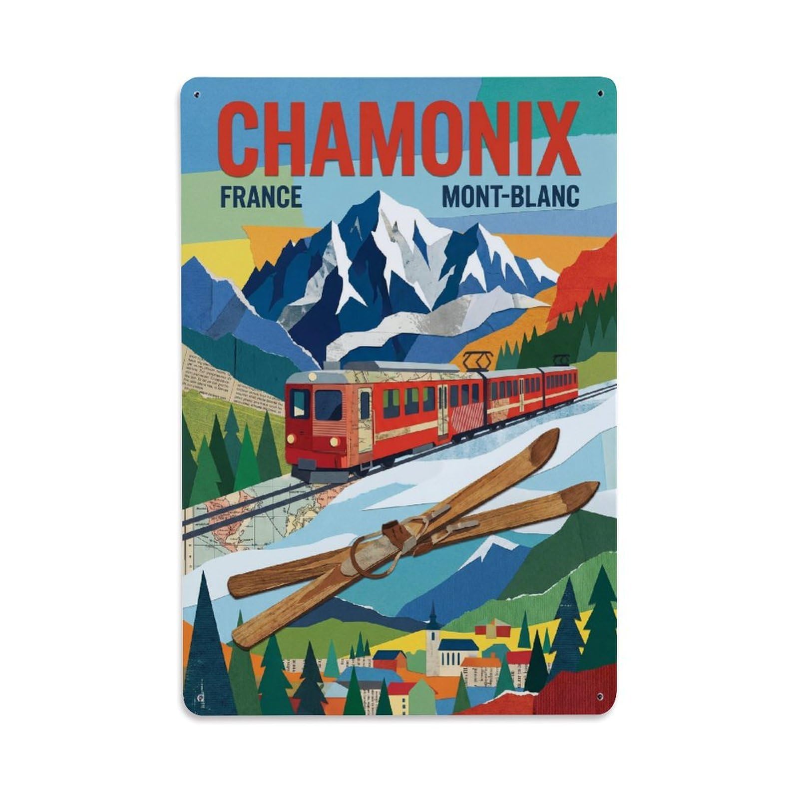 Olhnbad Style Mont Blanc Chamonix France Collage Alpine Travel Metal Tin Sign