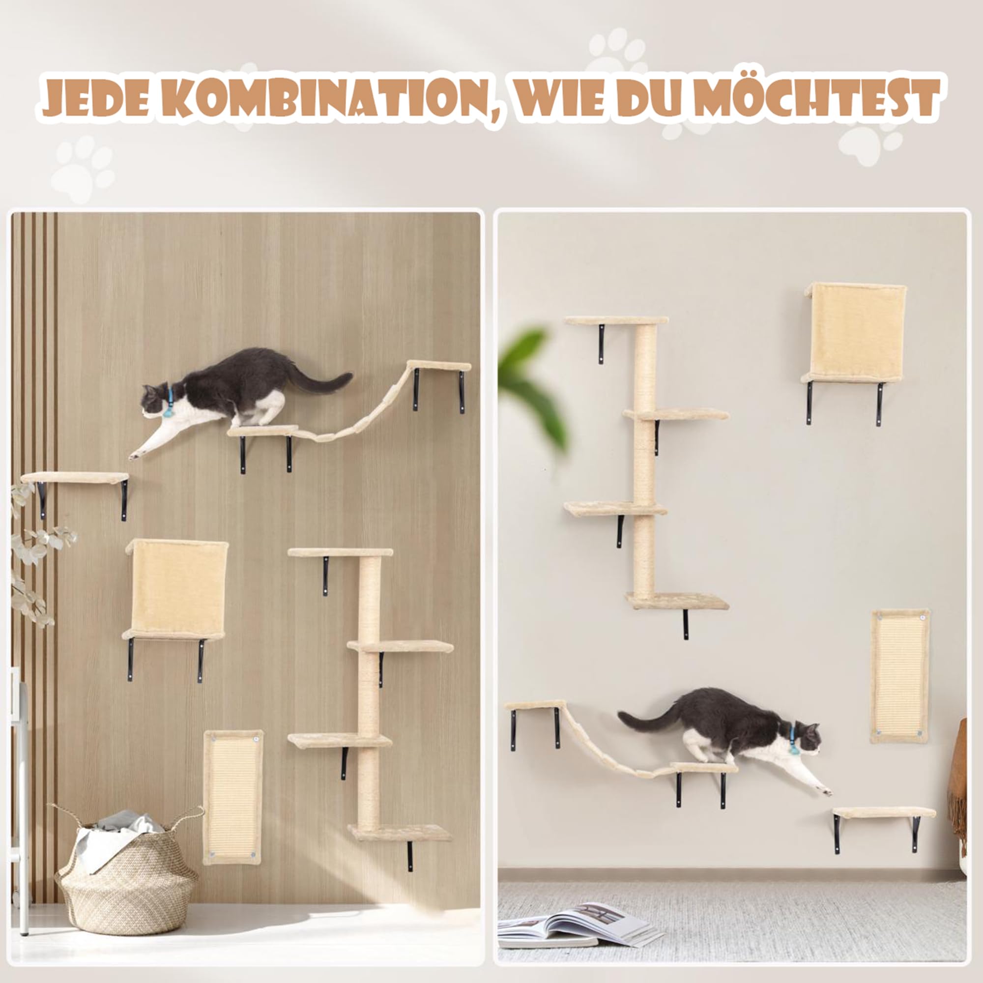 Katzen Kletterwand Set 5-teilig – Wandmontierte Katzenwand mit Katzenhaus, Katzenbrücke & Kratzbrett, Platzsparende Kletterwand Katzen für Wohnung, n, Katzenbrücke (beige)