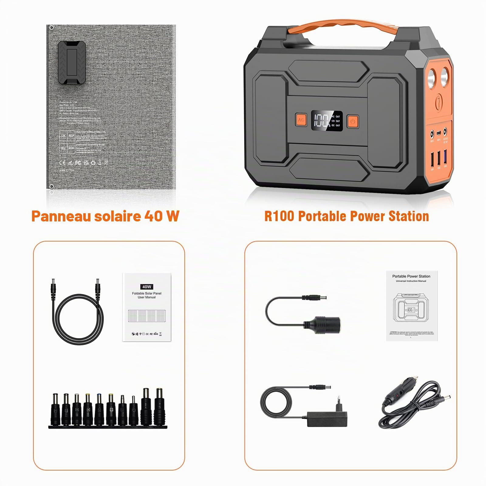 Powkey Station d'alimentation portable 99 Wh/27000 mAh avec panneau solaire pliable 40-100 W, sortie AC 230 V / USB-A/USB-C 18 W pour camping-car, camping, noir/orange