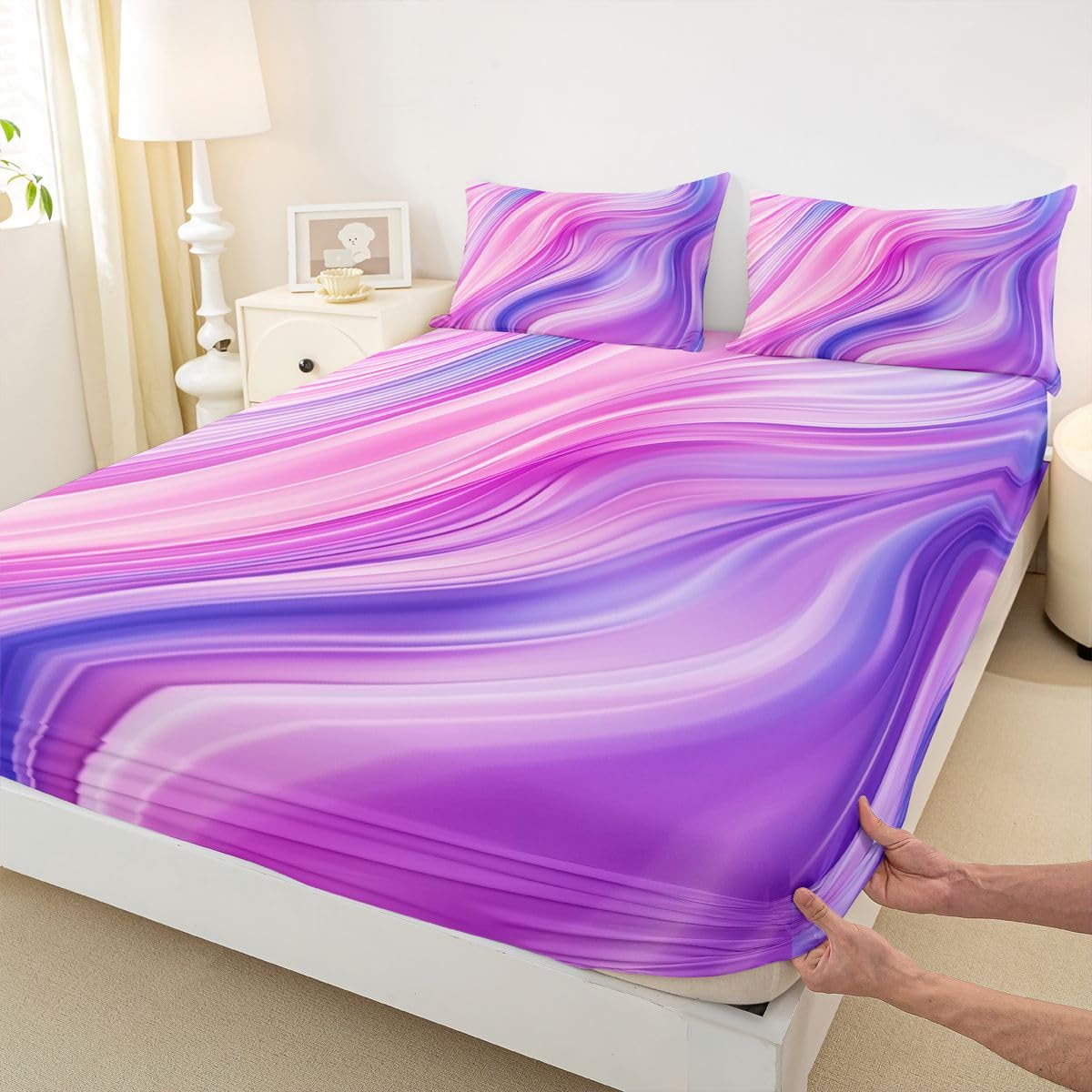 Manfei Juego de sábanas bajeras de 3 piezas estilo bohemio, teñido anudado, con 2 fundas de almohada, decoración de habitación de niños y niñas, color pastel fluido, suave, 3 piezas (sin plana)