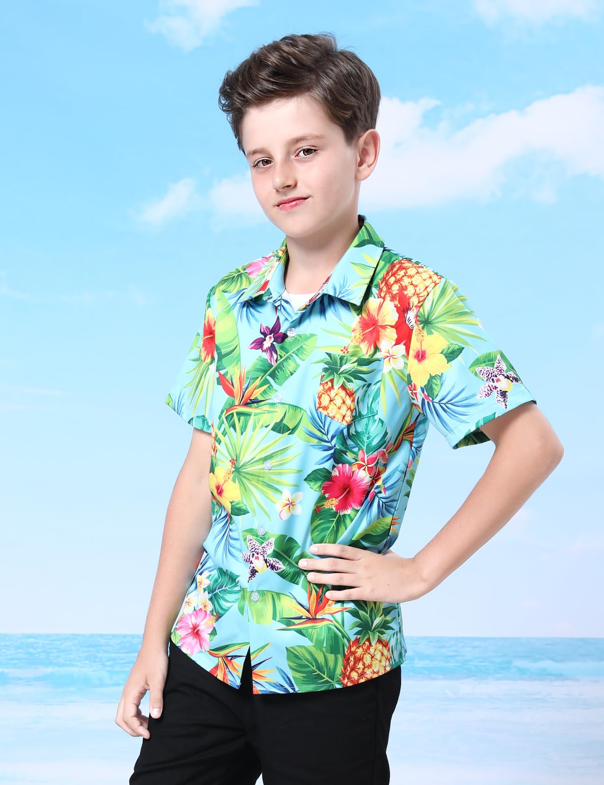 Chemise Hawaïenne pour Enfants Garçons, Manches Courtes, XSmall-Large, 5-12 Ans