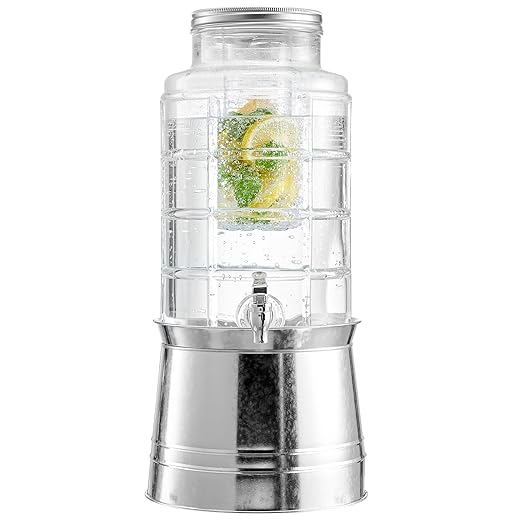 Style Setter Patchwork Beverage Dispenser High Quality Cold Drink Dispenser w/ 2.4-Gallon Capacity Glass Jug, Ice Insert, Fruit Infuser, Galvanized Base, Leak-Proof Spigot Great for Parties Weddings