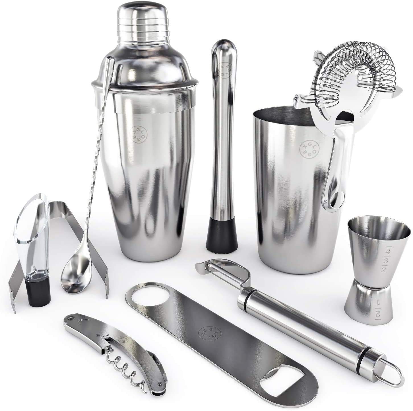 Home Bar Tools Set ââ‚¬â€œ 11 Piece cocktail set with strainer, jigger, 2 shakers, bar spoon, pourer, muddler, fruit peeler, bottle opener, cork screwer and ice tongs ââ‚¬â€œStainless-Steel