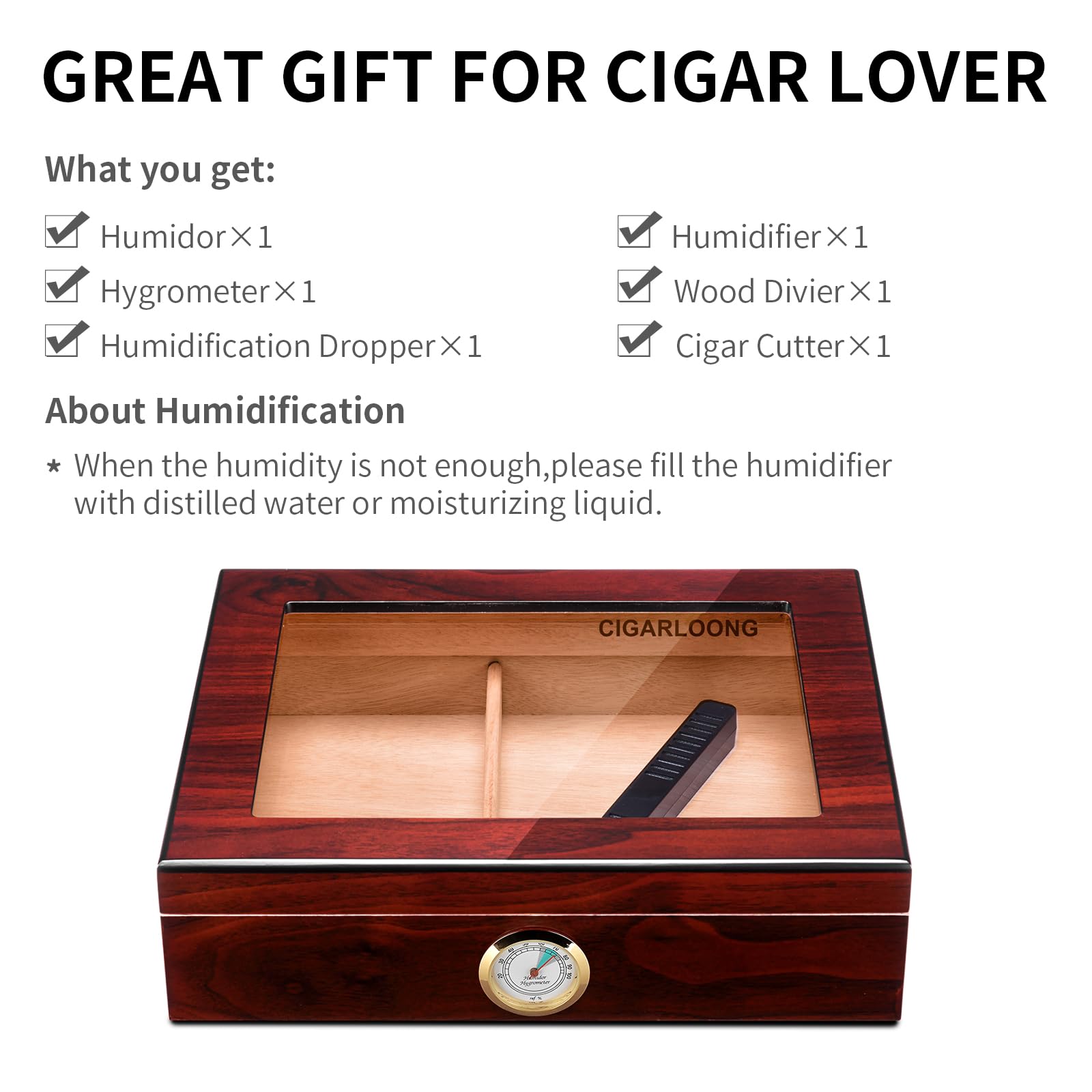 Zigarren Humidore Spanisches Zedernholz, Eleganter Humidor mit Hygrometer und Befeuchter & Zigarrenschneider Zedernholz Humidor Etui Zigarren-Desktop-Box Geschenke für Männer (Schwarz)