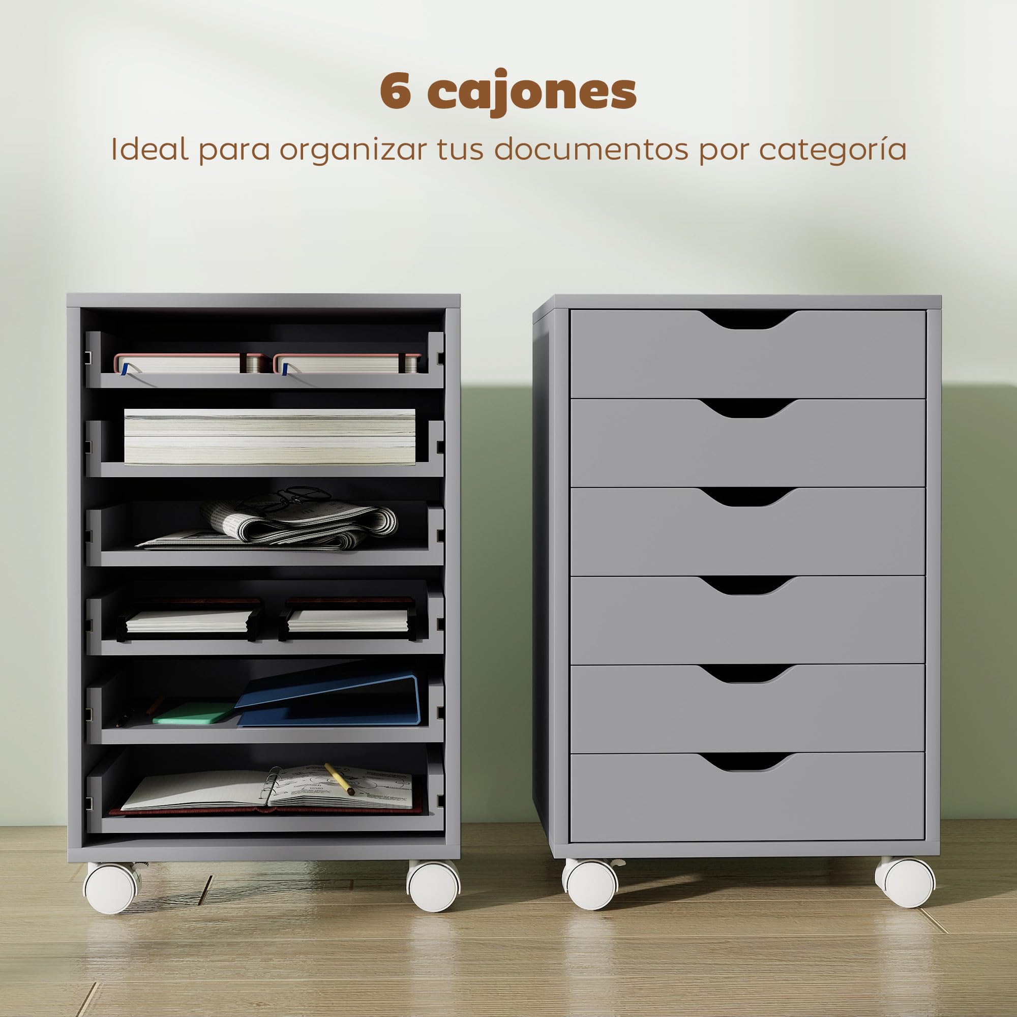HOMCOM Classeur de Bureau Mobile 6 tiroirs Gris