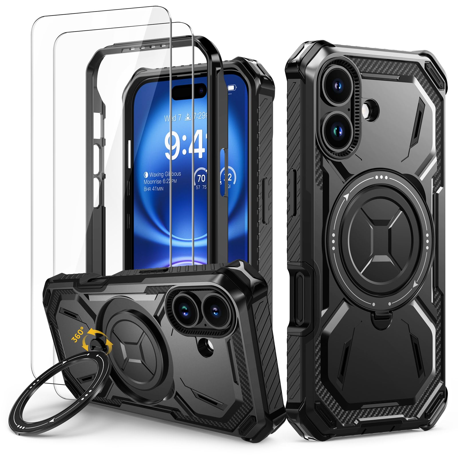 Lanhiem Cover per iPhone 16 con 2 Pezzi Vetro Temperato, Antiurto Anticaduta Militare,Supporto Magnetico Anello a 360° Protezione Armor Protezione, Custodia per iPhone 16, Nero
