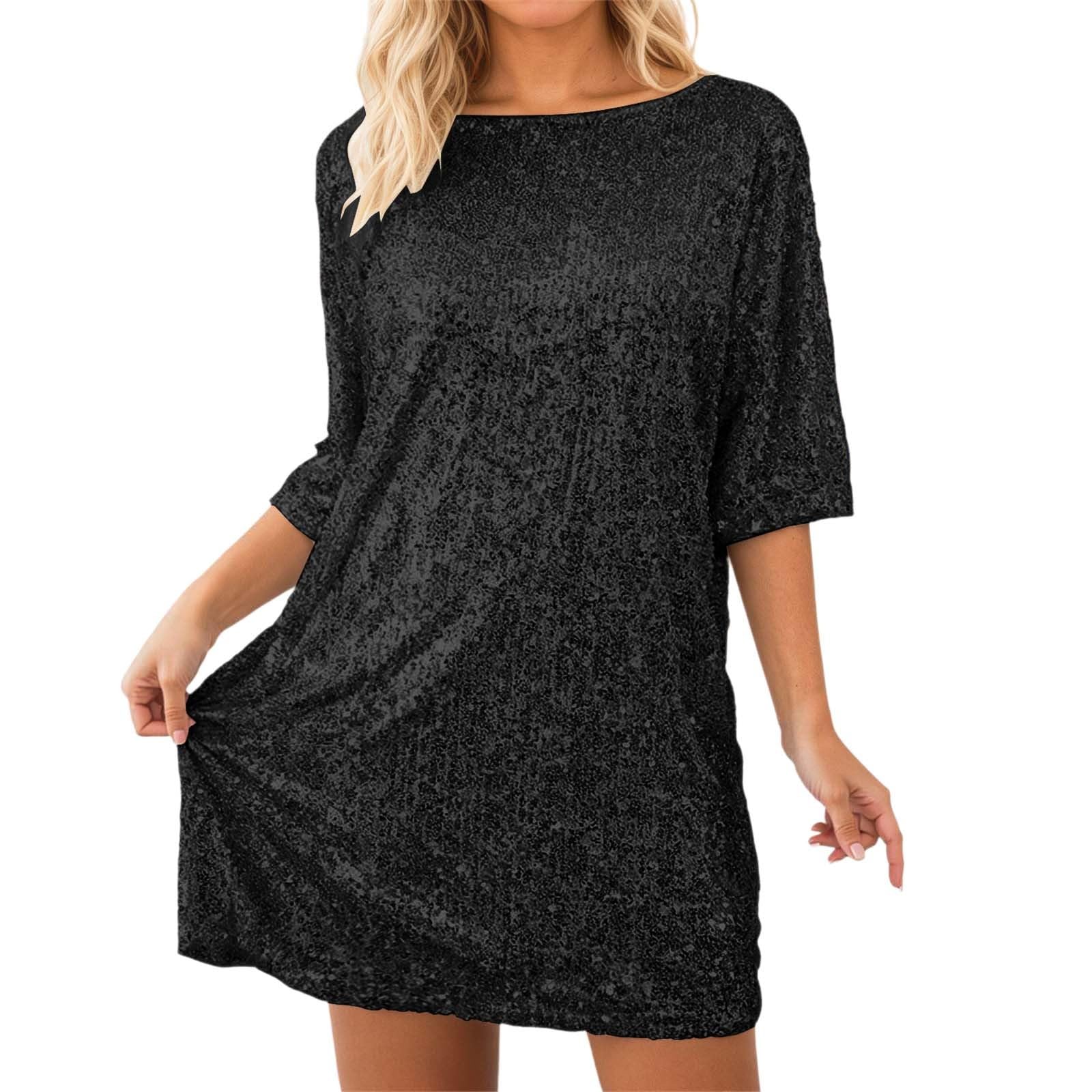 2026 décontractée à Sequins Scintillants Manches Courtes col Rond Coupe Ample Tunique élégante Polyvalente Parfaite pour fêtes Quotidien Sorties Club