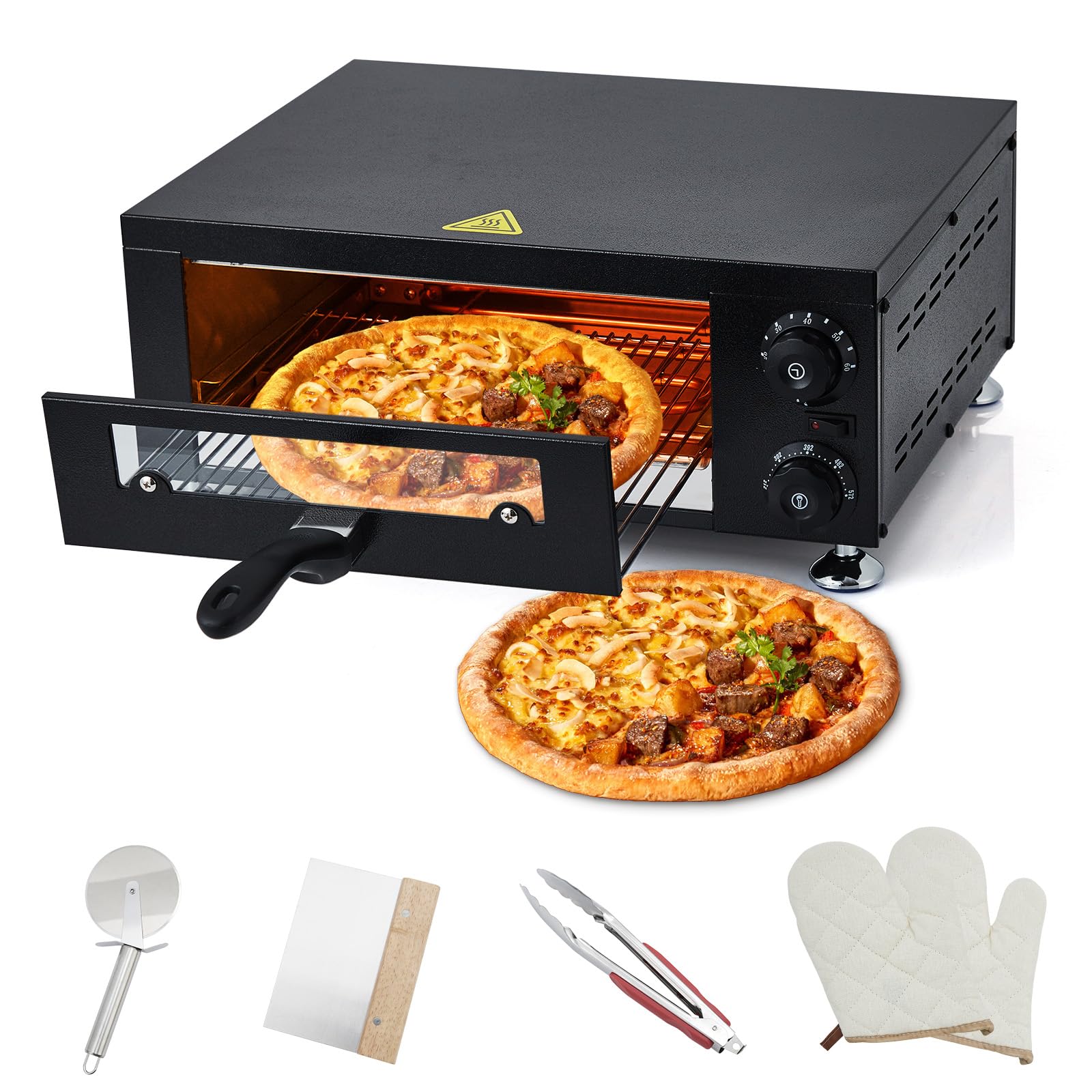 GarveeHome Electric Pizza Oven with Glass Door, 12 in Countertop Pizza Oven with 60 Minutes Timer, Pizza Maker Machine for Home and Commercial with Gloves, Clip & Pizza Roller 1-Tier Pizza Oven Black with visual Window