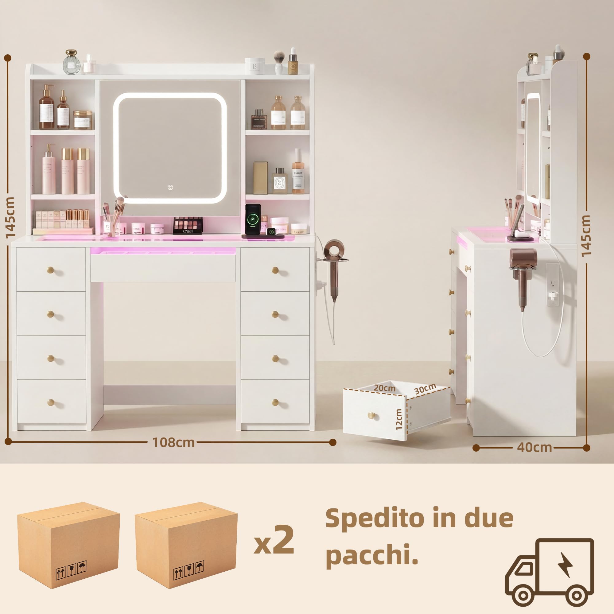 Toeletta Trucco con Luci LED Regolabili e Prese, Tavolo da Trucco con Specchio, Organizer, 9 Cassetti, 7 Ripiani, Porta Phon, per Camera da Letto e Cabina Armadio, Bianco JBDT001WT