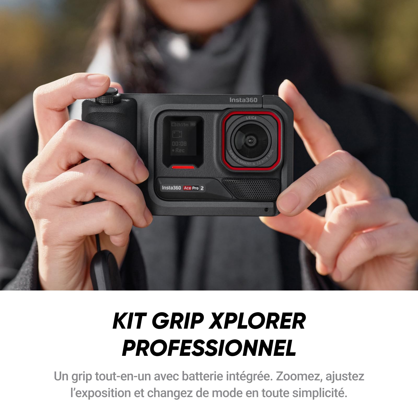 Insta360 Ace Pro 2 Pack instantané – Caméra d’Action 8K co-conçue avec Leica, capteur 1/1,3" Deux puces IA, Capture en Basse lumière, Grip Xplorer Professionnel pour Photo Urbaine