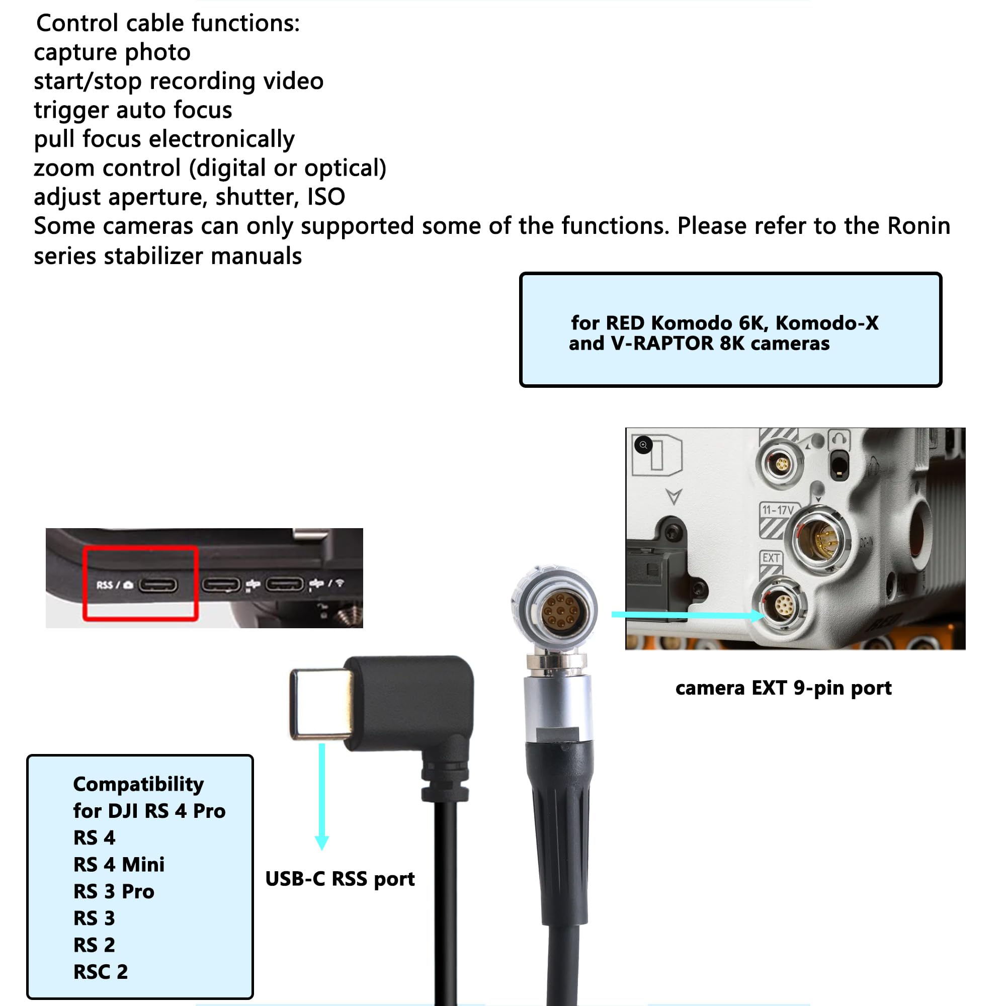HangTon Cavo di Controllo per Fotocamera Komodo X e Gimbal DJI RS2 RS3 RS 4 Pro, Focus Pro Grip, da USB-C a 9-pin ad Angolo Retto, 30cm