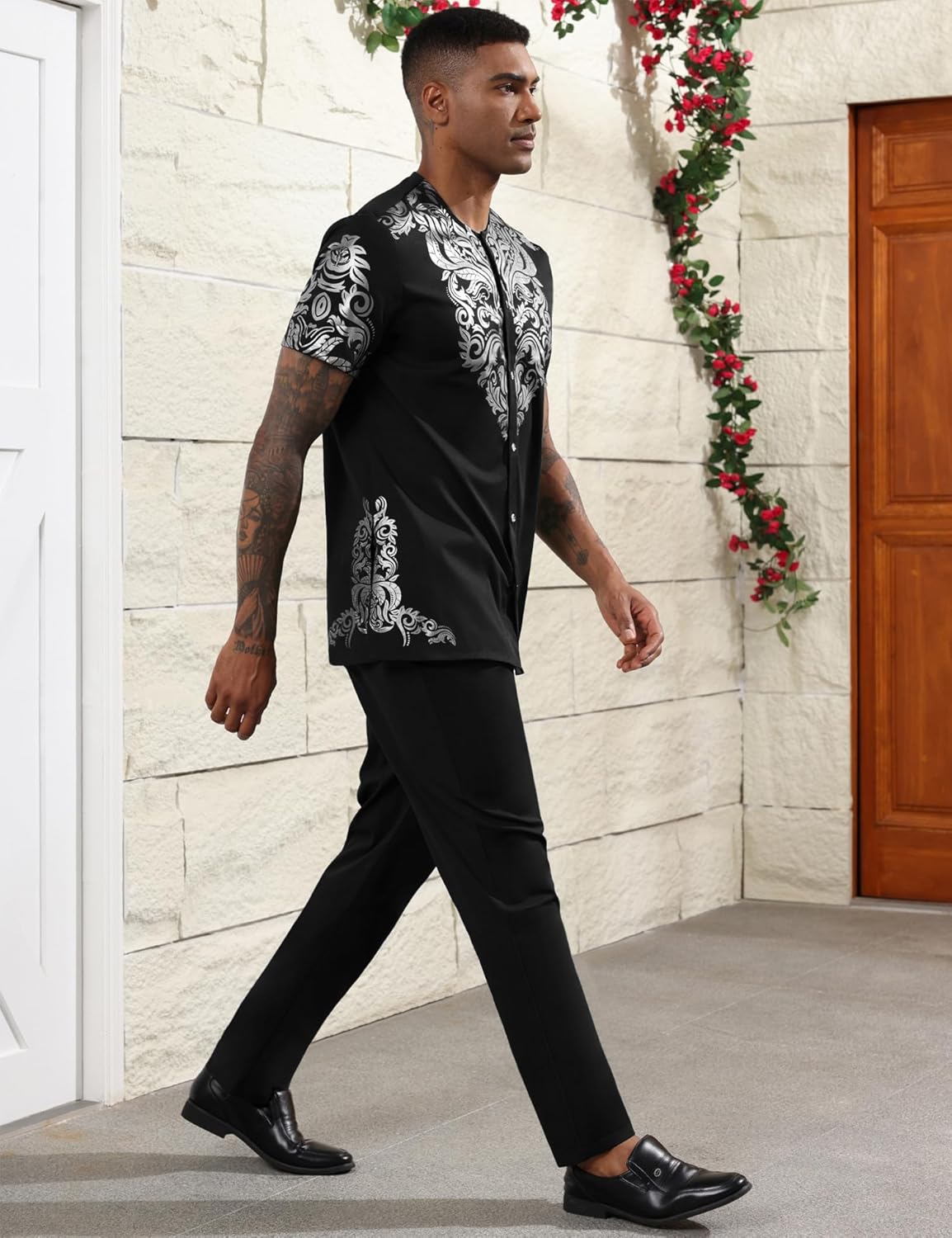 Mens African 2 Piece Set Nigerian Dashiki Metallic Short Sleeve Suit Gold Stamp Printed Shirt and Pants Outfit - Image 3