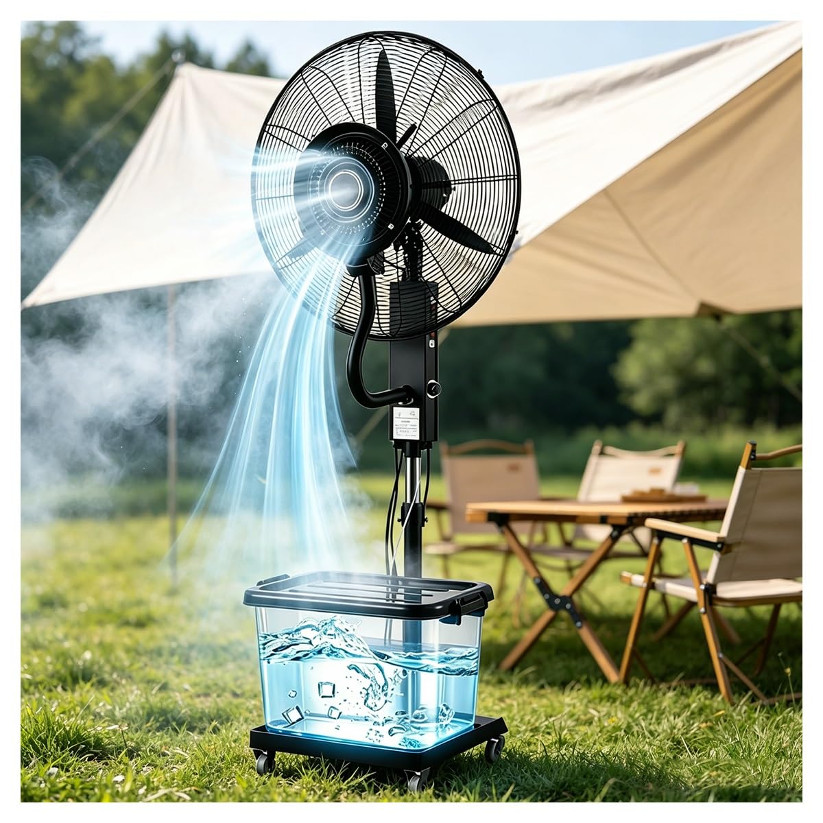 Ventilatore nebulizzante for esterni con grande serbatoio dell'acqua da 42 litri, design mobile su 4 ruote