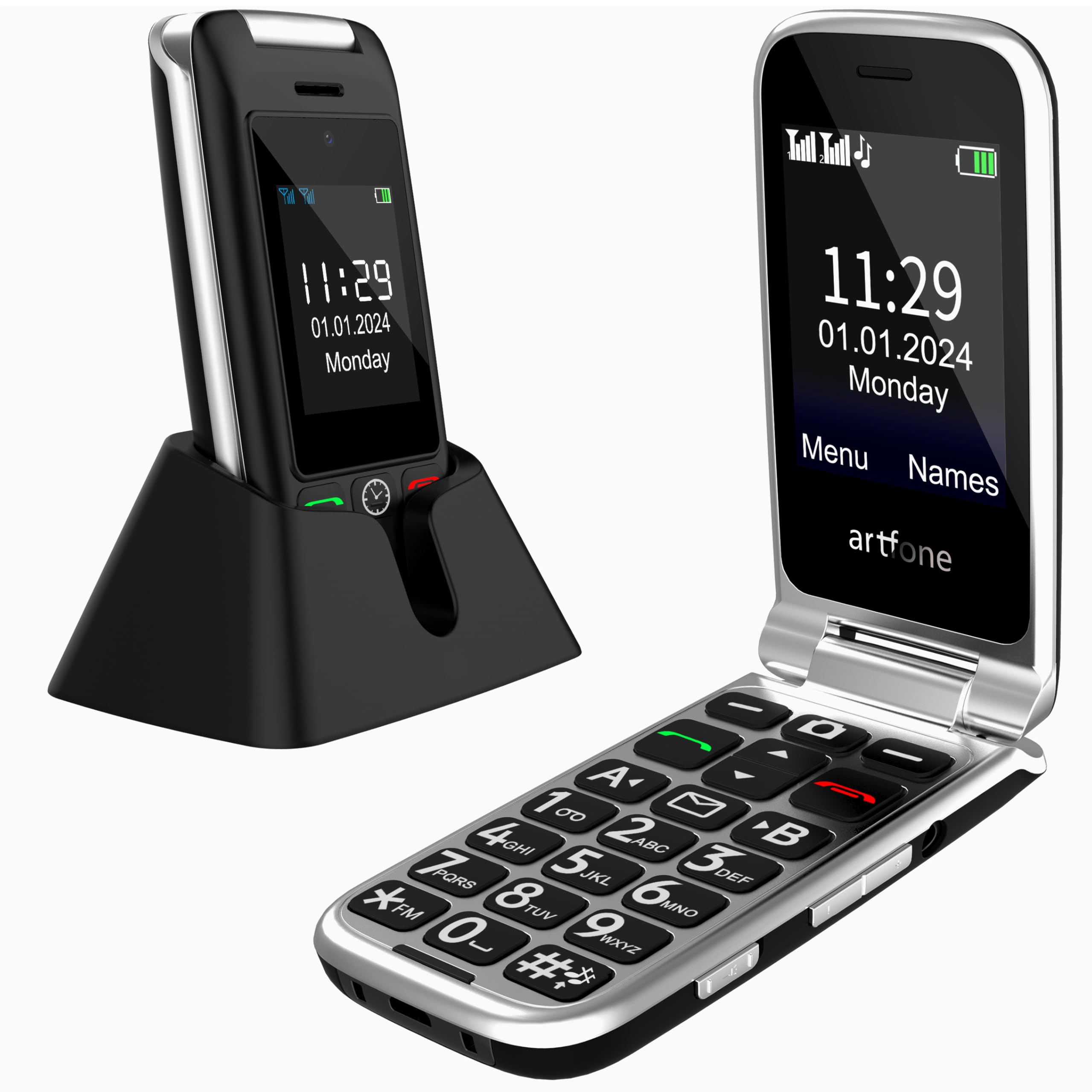 artfone C10 Telefono Cellulare per Anziani丨GSM Flip Telefoni Cellulari con Tasti Grandi丨2.4"+1.77" Doppia Display丨Funzione SOS丨Doppia SIM丨Chiamata Rapida丨Batteria da 1300 mAh丨Base di Ricarica - Nero