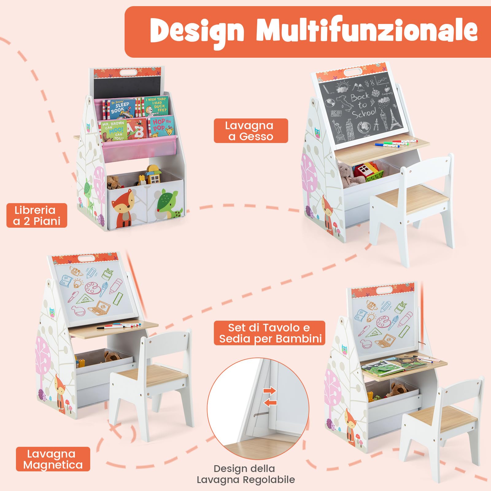 COSTWAY Cavalletto per Bambini Doppio Lato, Set Tavolo e Sedia per Bambini con Lavagna Magnetica e Lavagna Bianca, Contenitore in Tessuto e Libreria(Bianco)