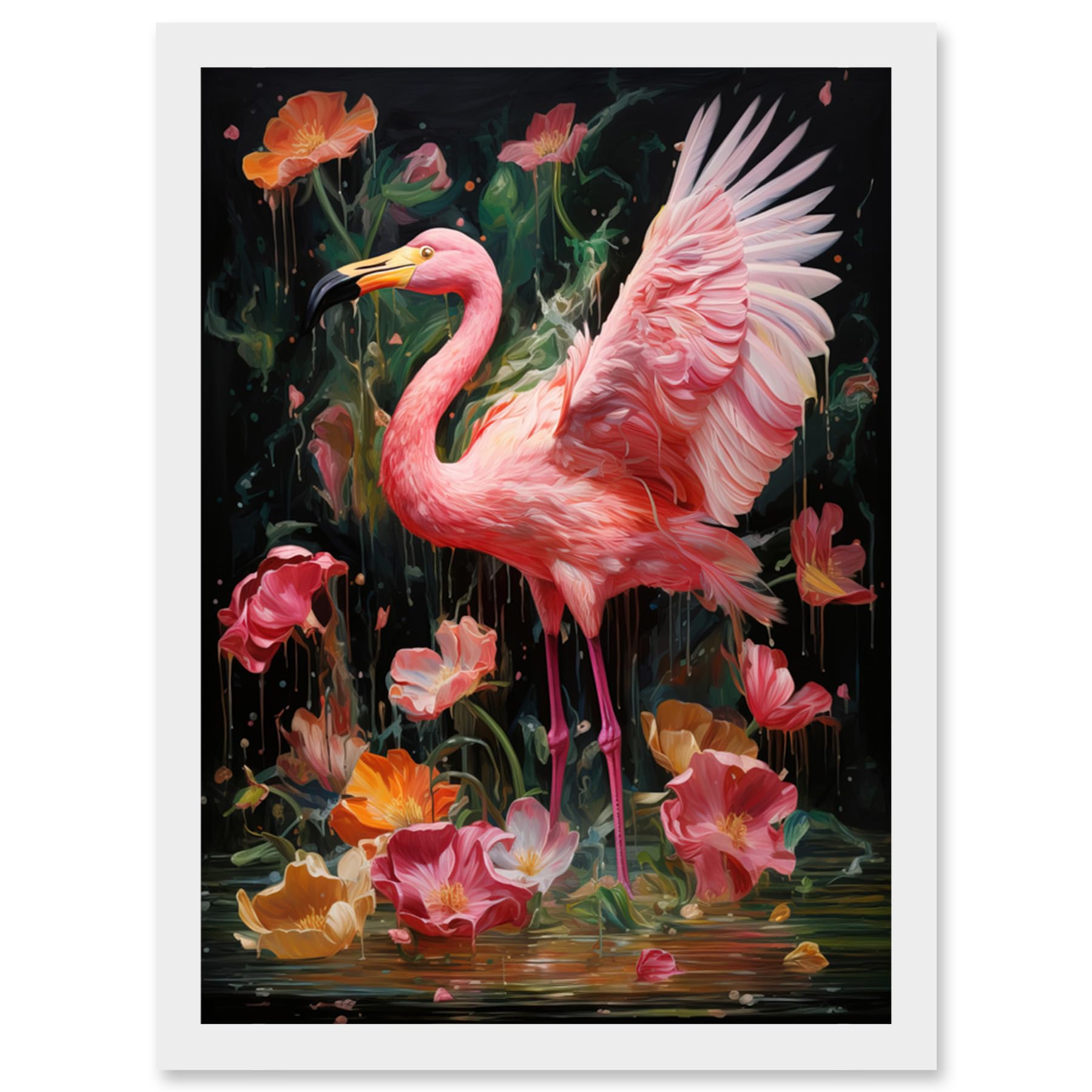 Artery8 Flamboyant Flamingo Feathers Artwork Bird in the Rain Vibrant Pink Orange Green Artwork Framed Wall Art Print A4