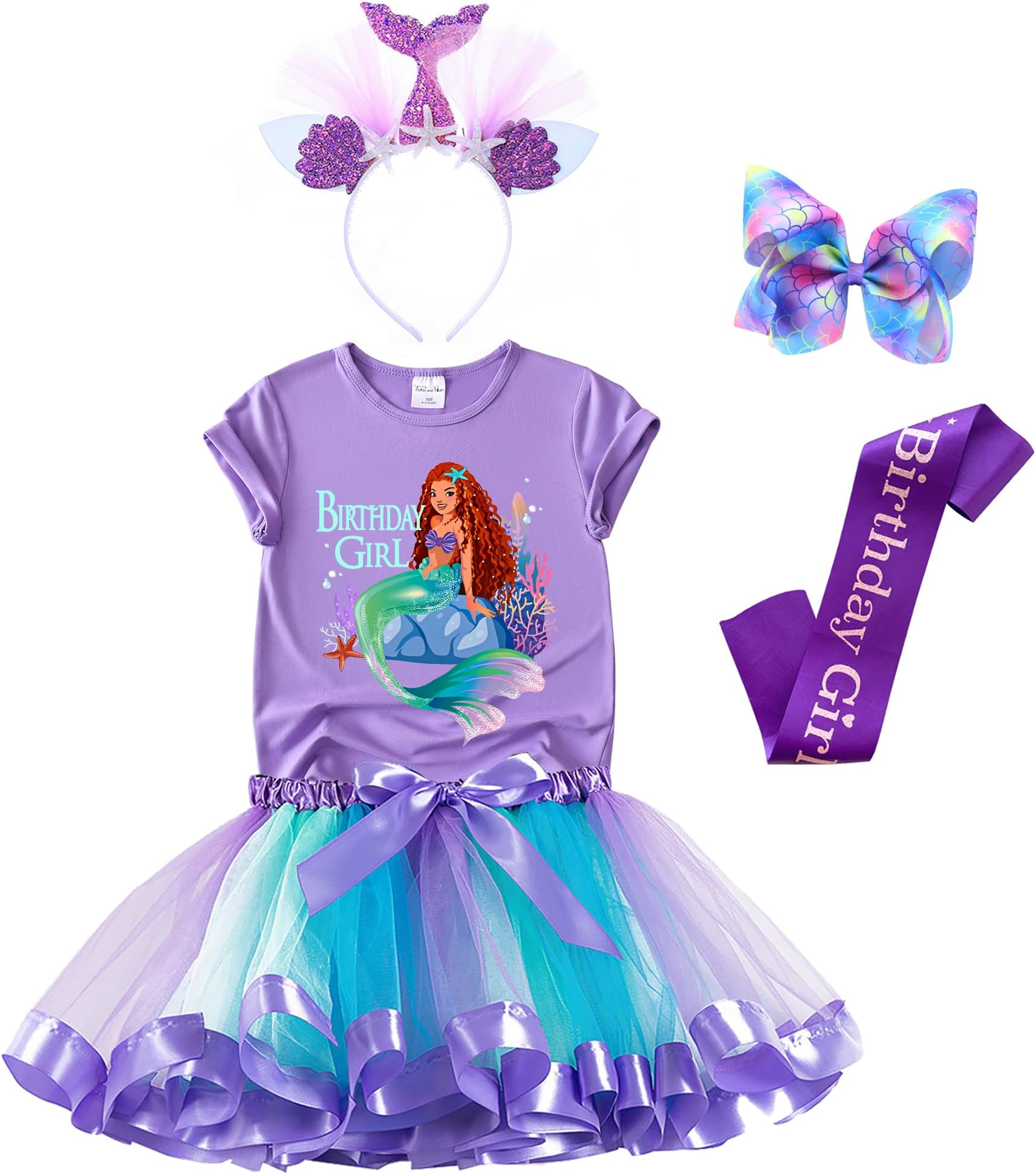 Tutu and Sian Mermaid Outfit Set – Shirt, Rainbow Tutu Dress, Satin Sash, Headband – Birthday Gifts for Girls Costume