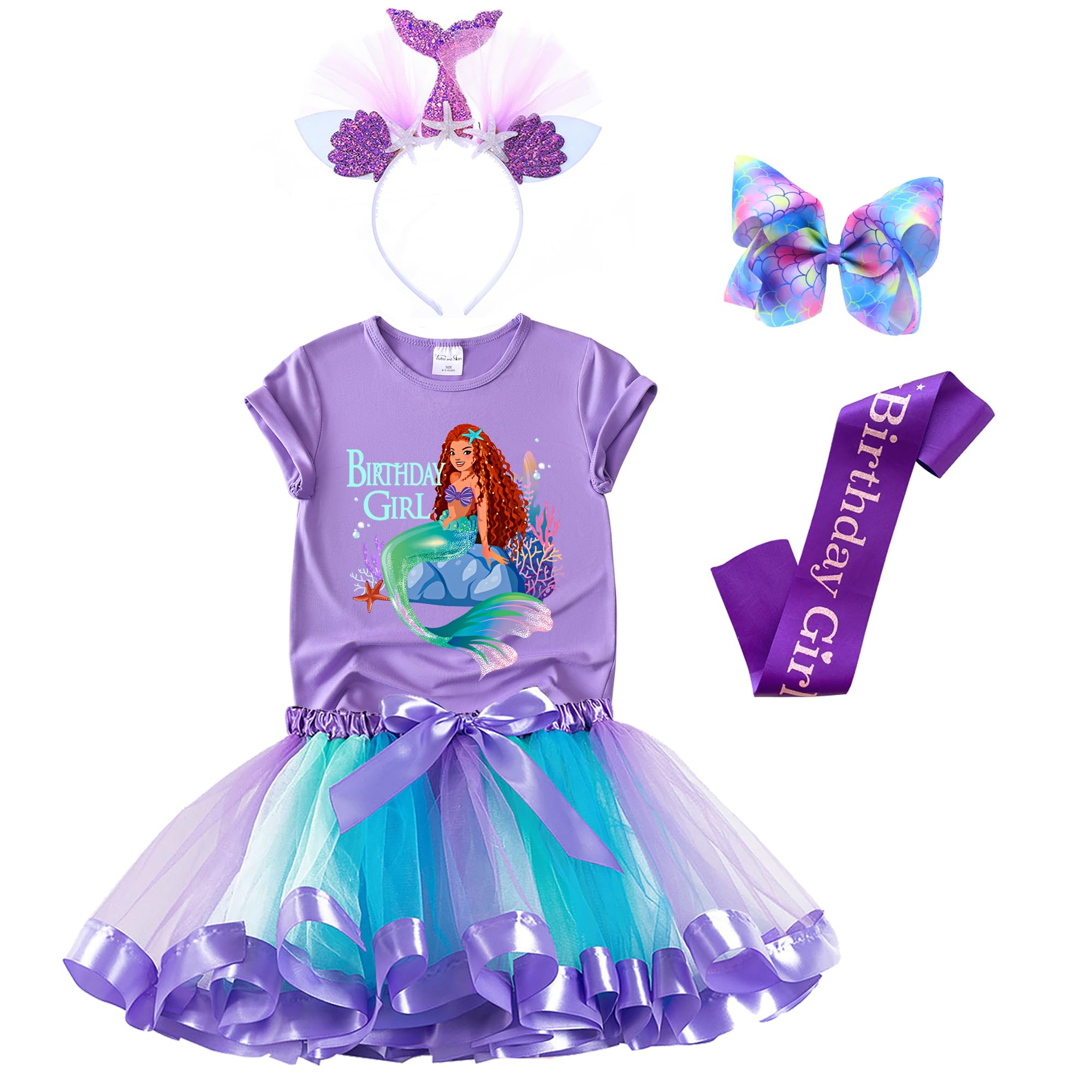Tutu and Sian Mermaid Outfit Set – Shirt, Rainbow Tutu Dress, Satin Sash, Headband – Birthday Gifts for Girls Costume