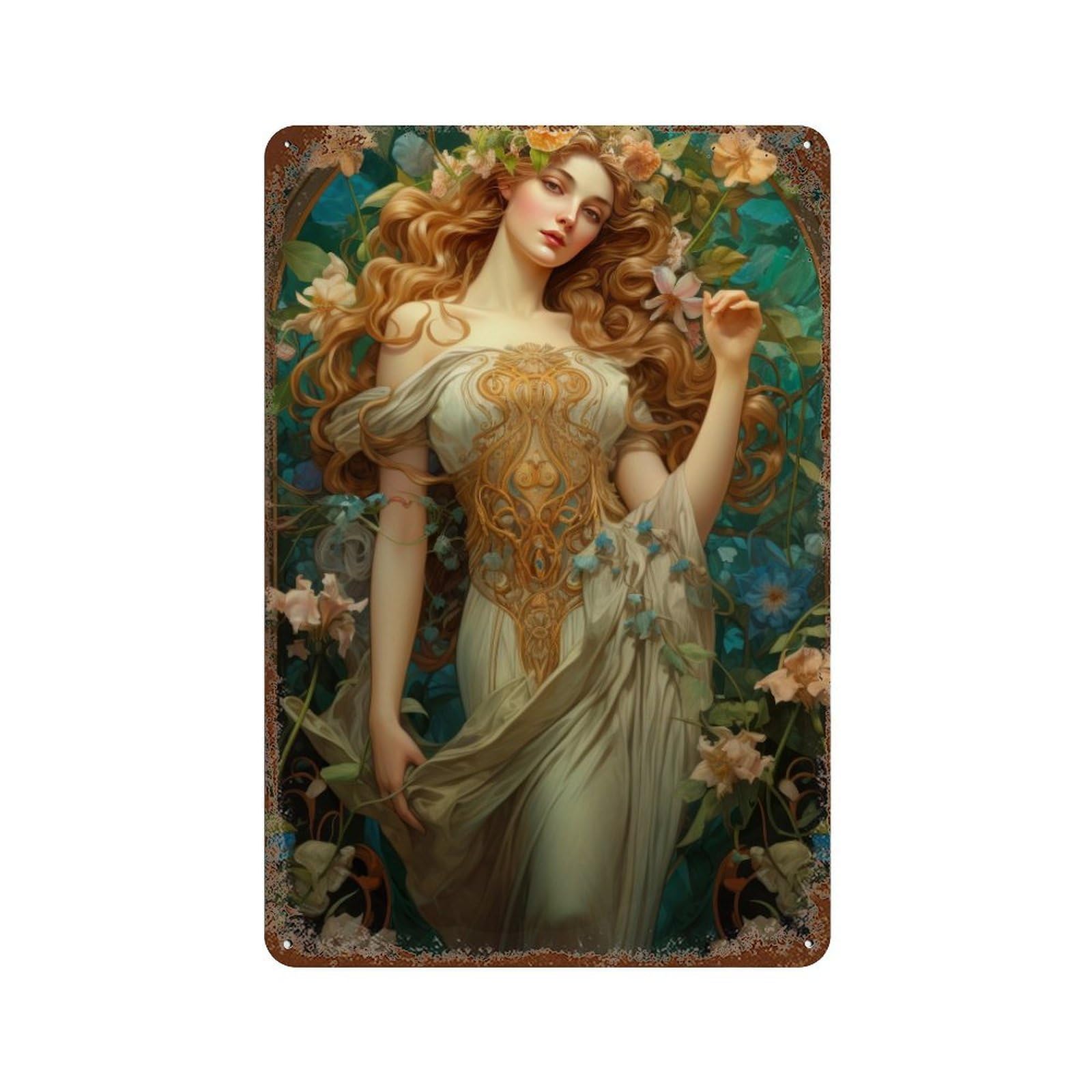 Fantasy Floral Goddess Art Print 11.8"x7.9" Rustic Tin Plaque, Industrial Home Decor for Farmhouse, Kitchen And Entryway Decor