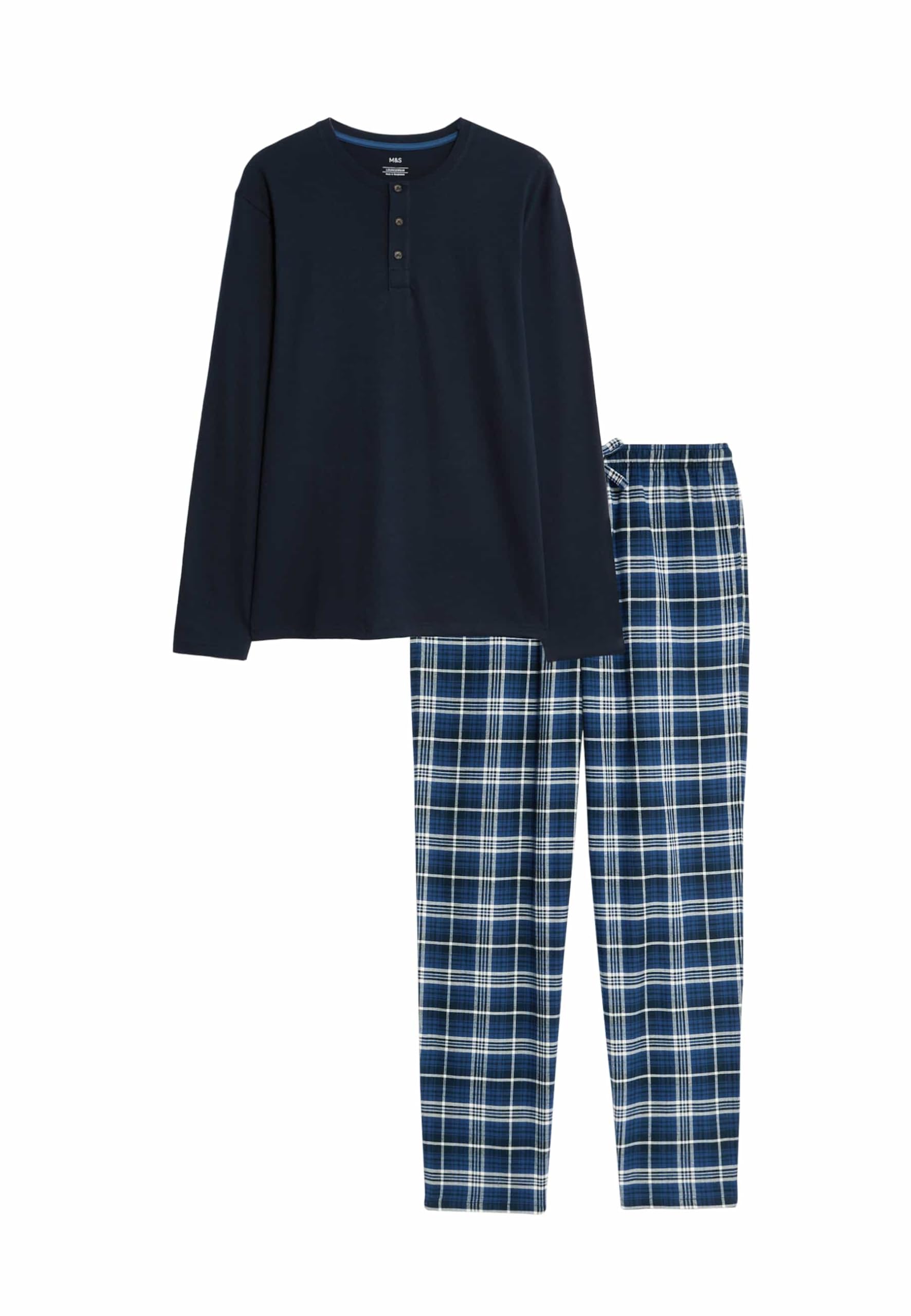 Marks & Spencer Conjunto de Pijama de Cuadros de Algodón Afelpado para Hombre, Ajuste Normal, Cintura con Cordón, con Bolsillos