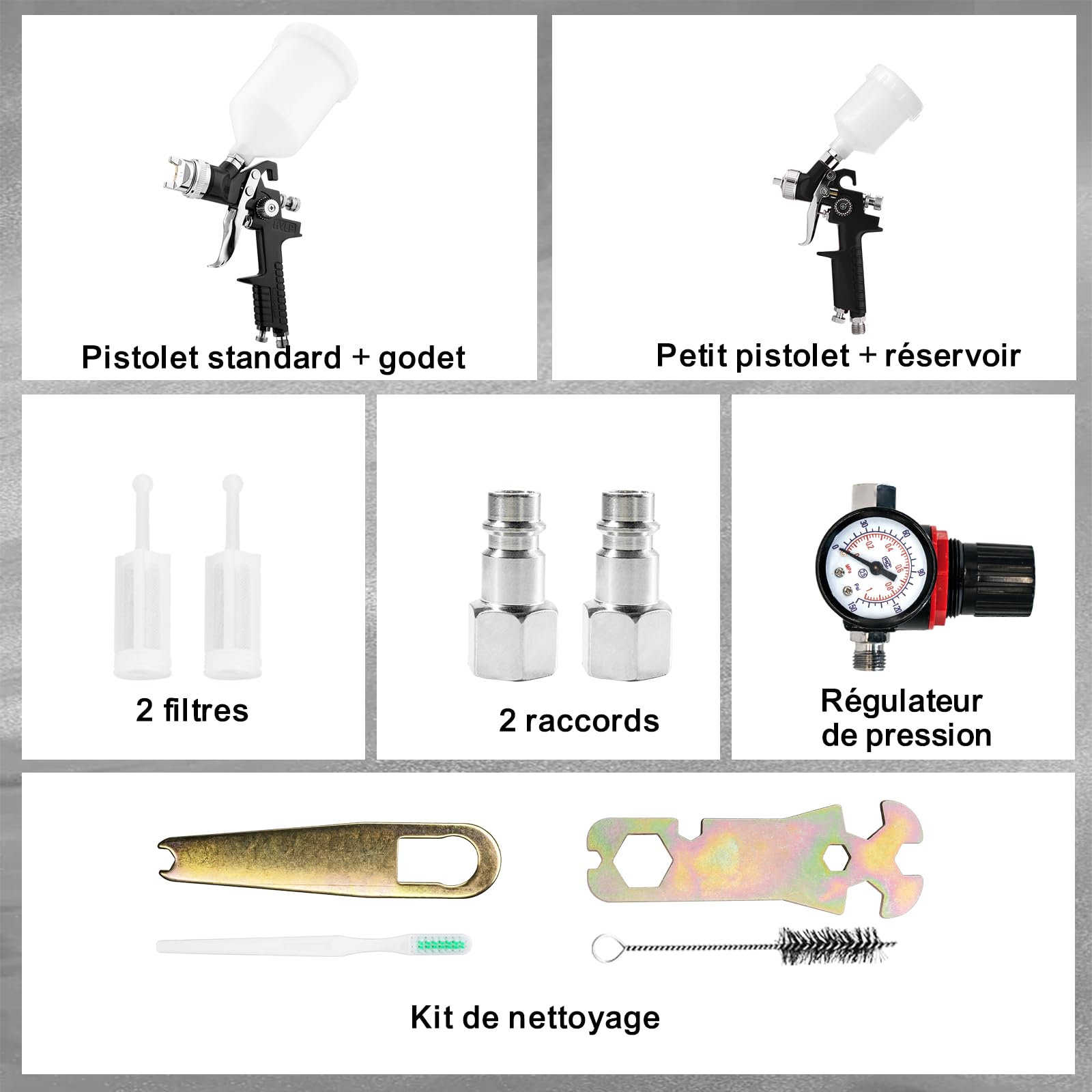 HVLP Kit de pulvérisation de peinture pistolet à peinture 0,8 mm 1,4 mm buses à air comprimé avec tasse de 125 ml et 600 ml outil de pulvérisation de peinture pour voiture, meubles, travaux d'atelier