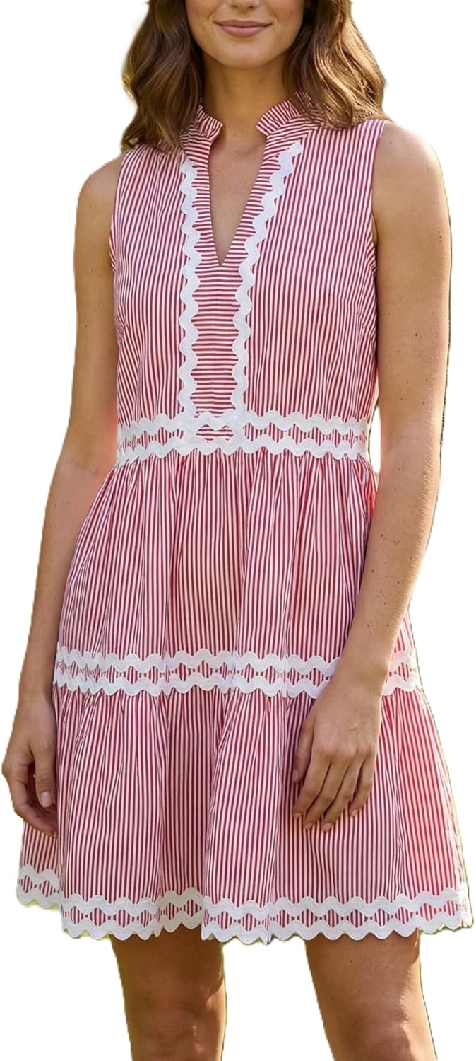 Kuraki Women's Cute Sleeveless Rickrack Tiered Striped Dress