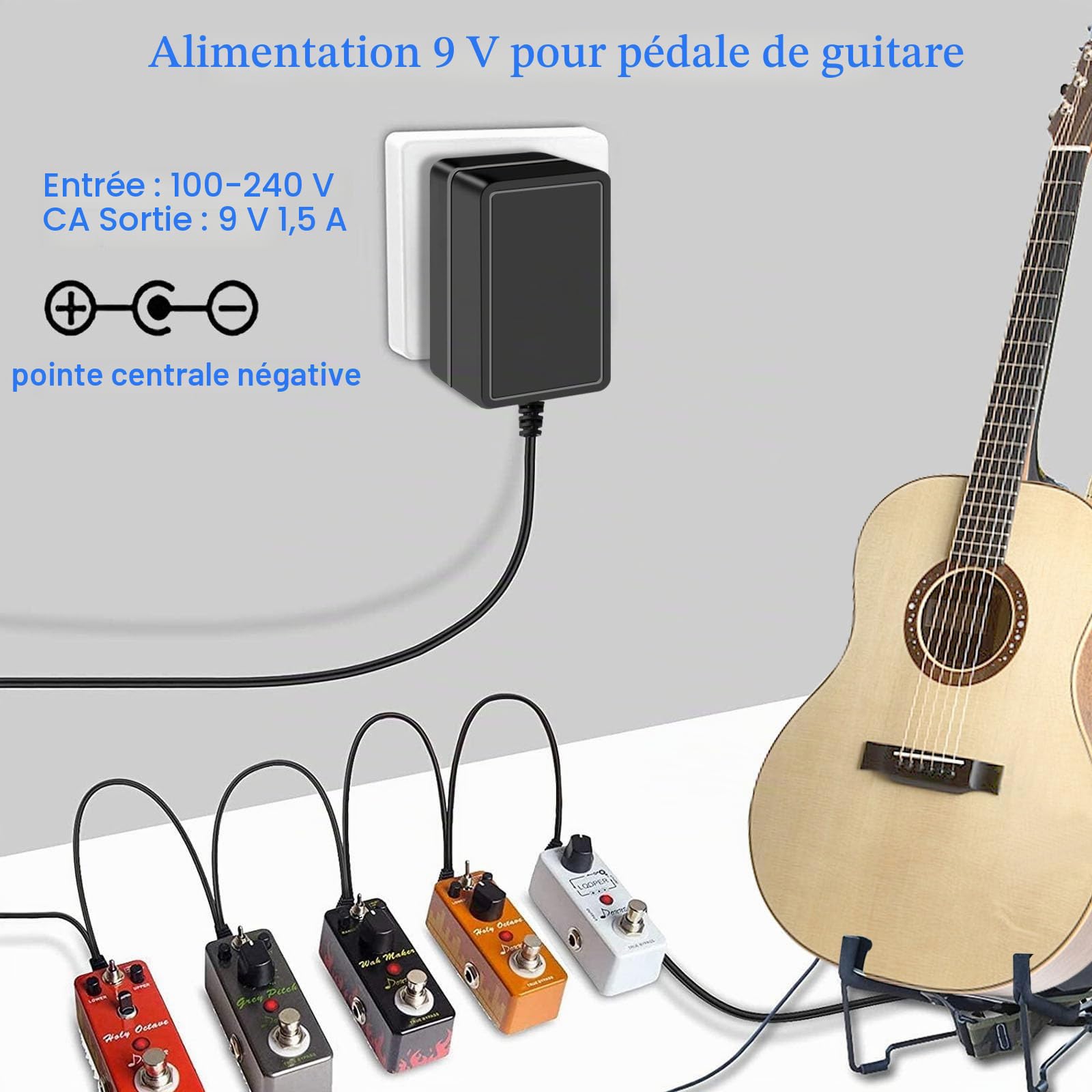 Alimentation pour Pédale de Guitare 9V 1,5A 9 V 1 A AC DC Adaptateur, avec Câble de Chaîne en Guirlande 5 Voies Central Négatif pour Clavier Casio pour Pédale d'effet Guitare Boss.