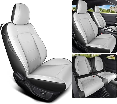 Miniatura 7 de Funda de asiento de automóvil de cuero impermeable para Ford Mustang Coupe 2015-2025, ajuste personalizado, 10 unidades (M-gris y negro)