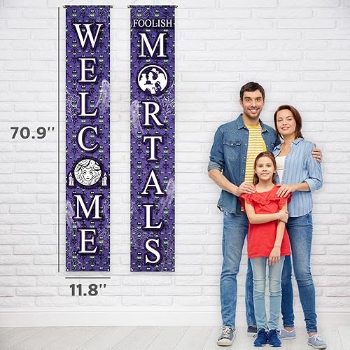 Miniatura 2 de Allenjoy Letrero de puerta de 11.8 x 70.9 pulgadas, 2 unidades de Manison púrpura Welcome Foolish Mortals para puerta de Halloween, casa embrujada,